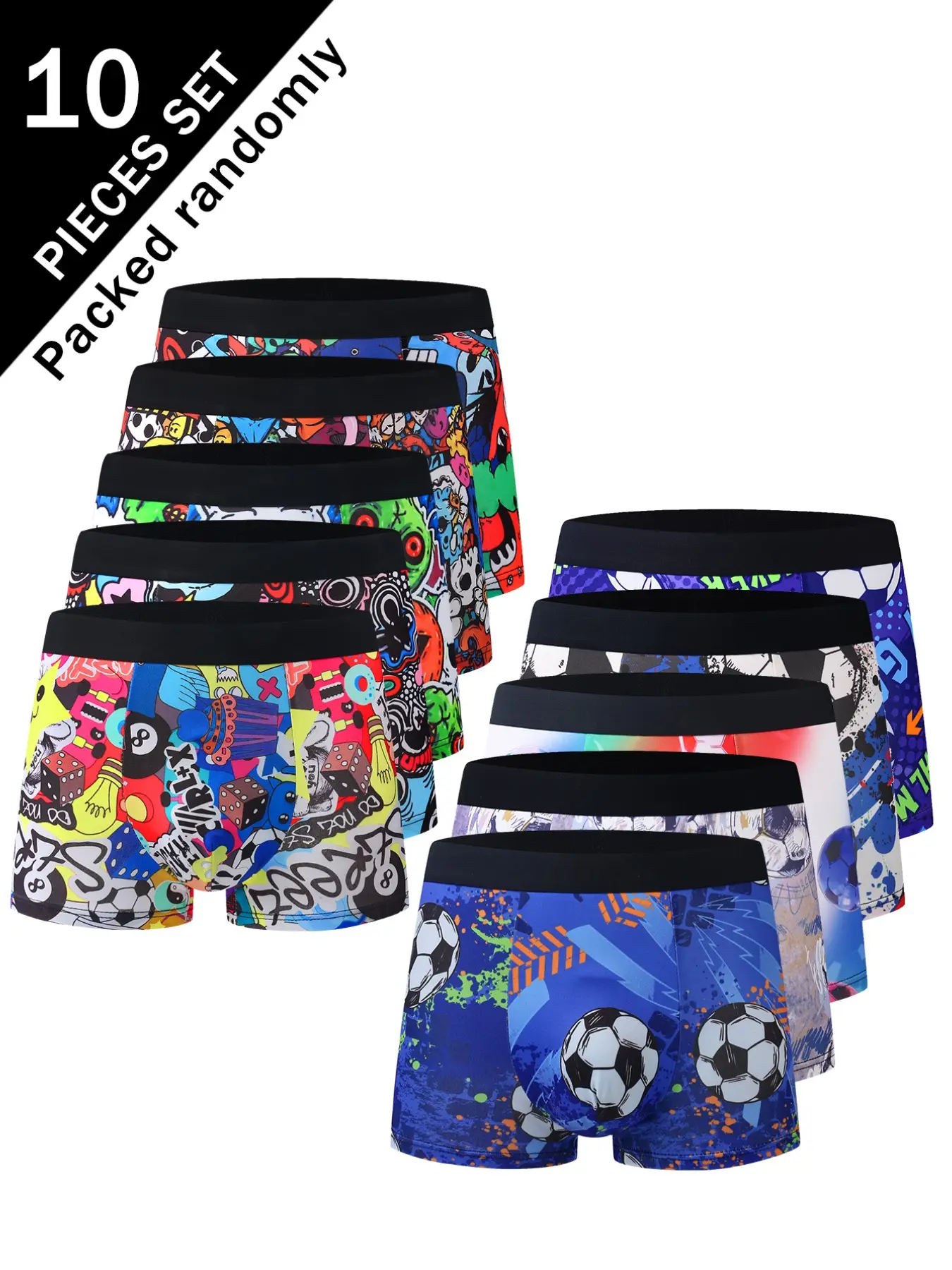 10 Pcs Men's Athletic Boxers Briefs, Vintage Street Graffiti Colorblock Print, Mid-Waist High Stretch, Comfortable Sporty Trunks for All Seasons