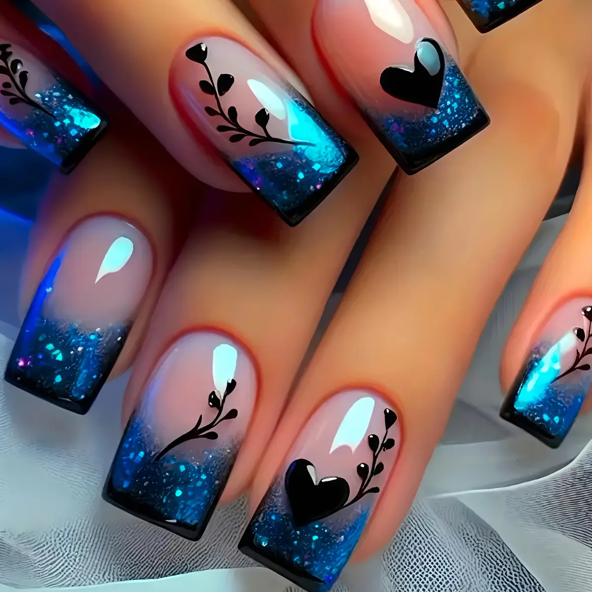 Women's Long Shimmery Blue Glitter Glow Full Cover Decorative Press-On Nails - Ombre Heart Branch Design, Female Wear Fashion Accessory for Sports & Outdoor Nail Art Enthusiasts, Full Cover Nails, Decorative Nails