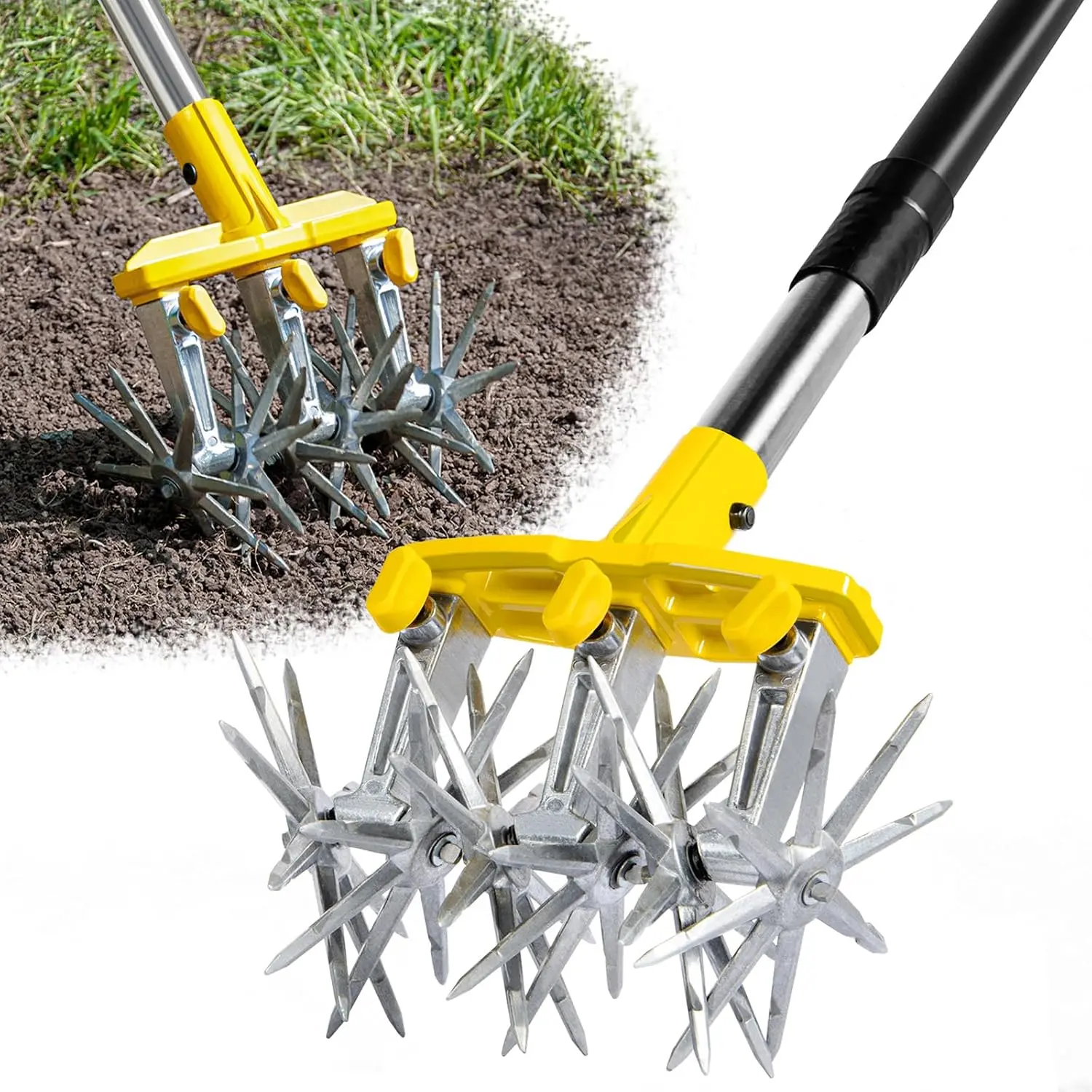 Rotary Cultivator Garden Tool with Extra-Large Tines, 74-Inch Long Handle Manual Tiller Cultivator, Heavy-Duty Rotary Hand Tiller for Soil Mixing, Reseeding Grass, Gardening, Lawn Care