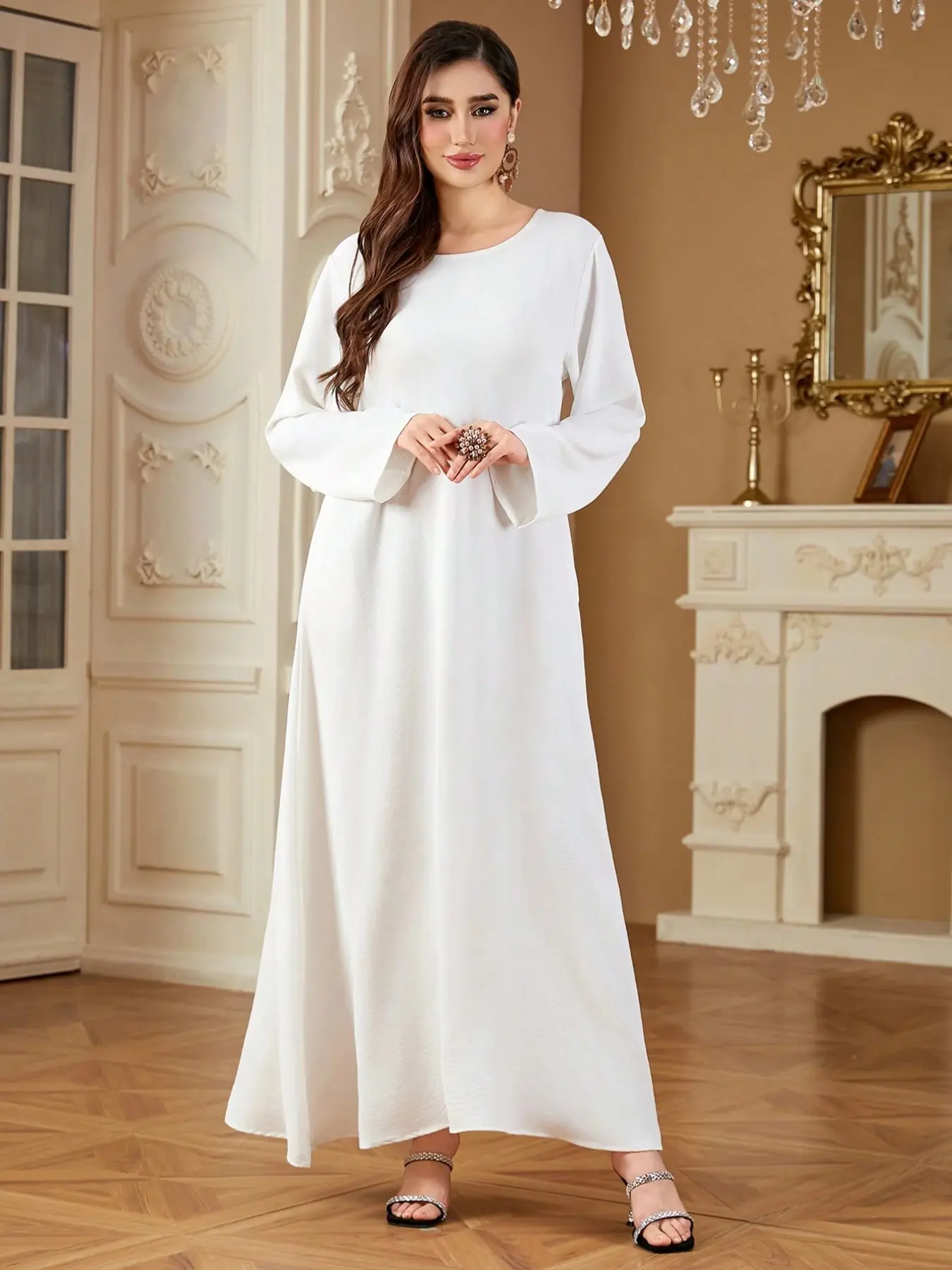 Hafizah Round Neck Flared Sleeve Plain Long Robe Dress, Simple Basic Casual Women's Outerwear, All Seasons Unlined Clothing, Muslim Dresses
