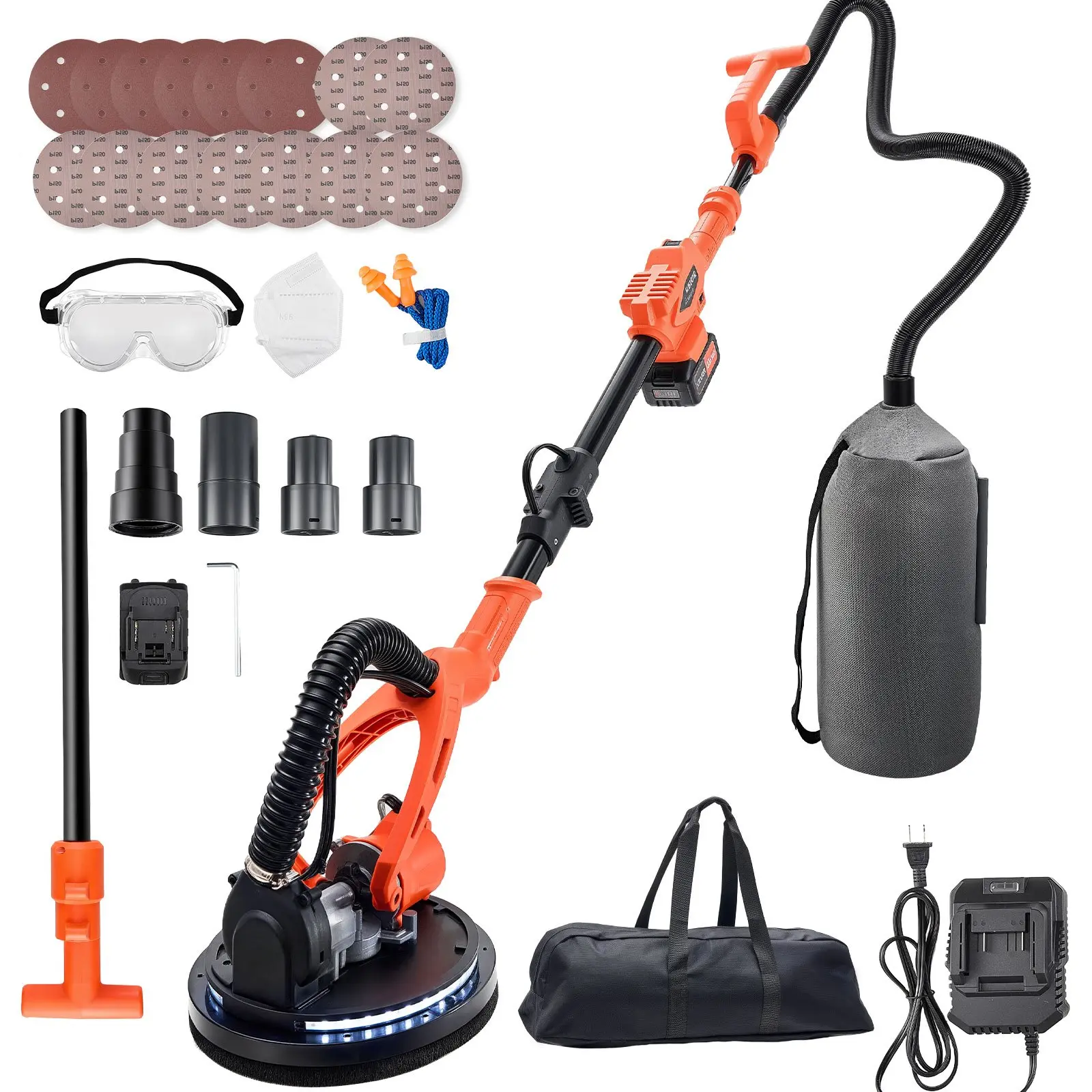 VEVOR Cordless Drywall Sander, 450W Electric Sander, Popcorn Ceiling Removal Tool with Vacuum Dust Collection, 7 Variable Speed 0-1600 RPM, LED Light, Foldable Extendable Handle, 15 Sanding Discs