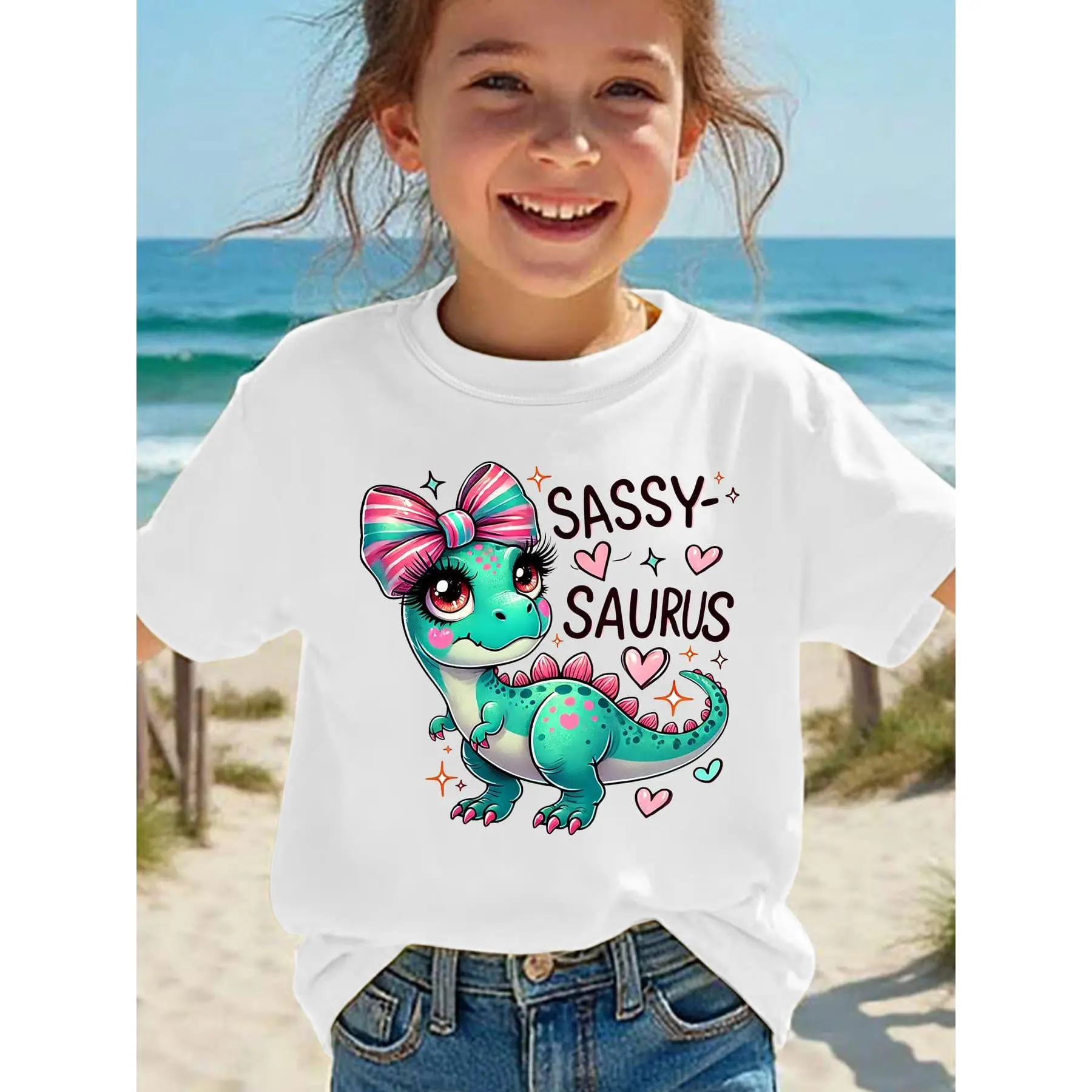 Sassy Saurus Dinosaur Graphic Tee Regular Clean Finish Heavyweight Premium Cotton Tshirt Front Print Cute Cartoon T Shirt Women Short Sleeve Crewneck Top Best Gift Men Loose Casual Top Oversized, Casual Wear, Multi-Size, Round Neck Tee, Cartoon Print Tee,