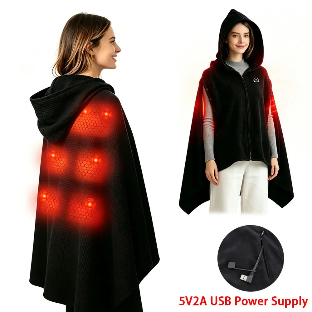 USB Electric Heated Shawl, Portable Heated Throw Blanket with 3 Heat Levels, Wearable Poncho Wrap Blanket with Zipper, Body Warming Pad for Outdoor Car Travel Camping Home Office