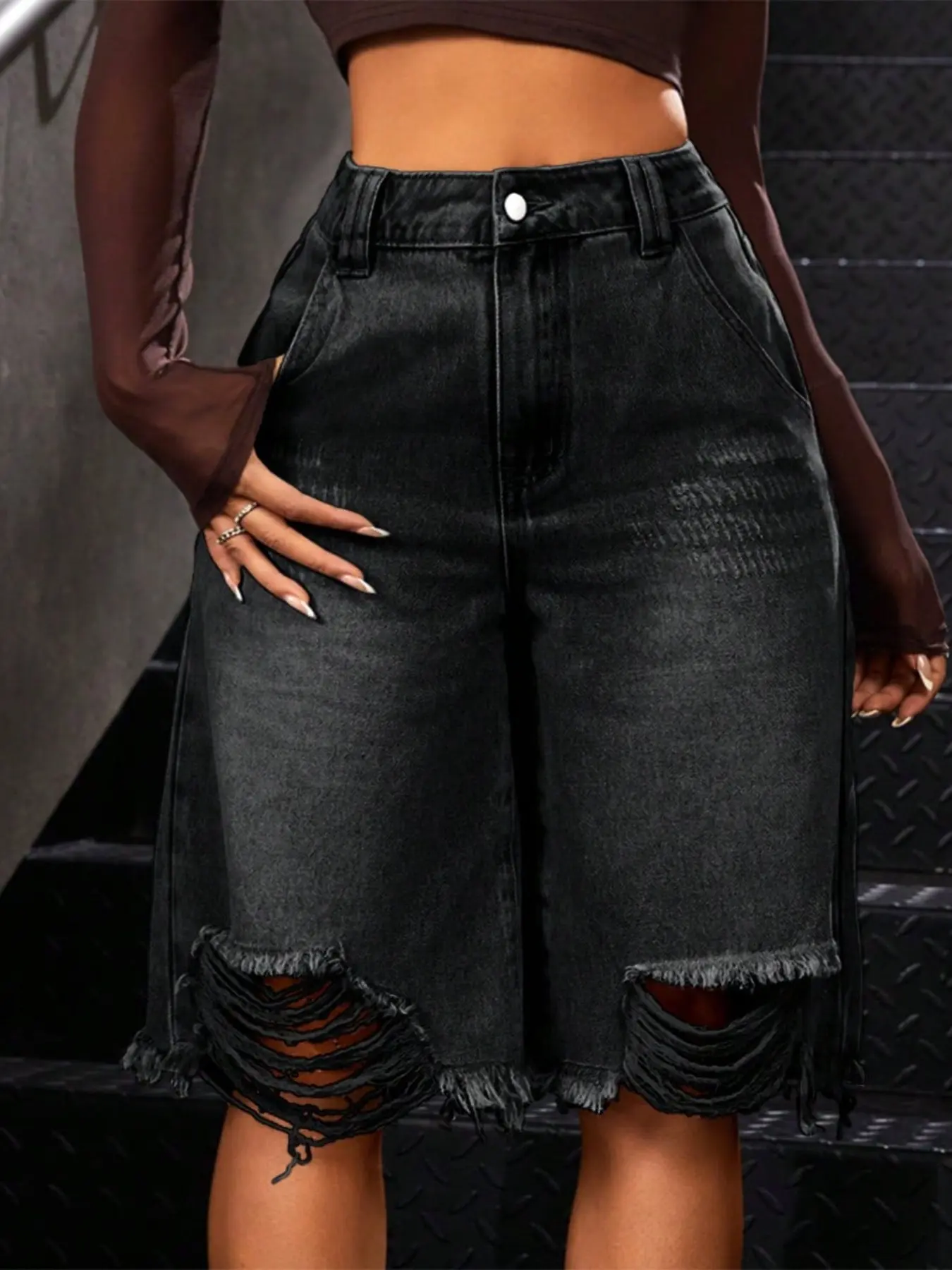 Distressed Ripped Hem Five-Quarter Denim Shorts, Casual Jean Shorts, High-Waisted Loose Baggy Straight Leg Pants, Ideal for Summer Outdoor Activities