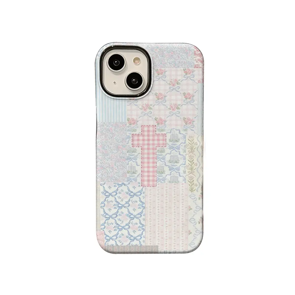 KKLLYY Cute Phone Cover - Cross Motif, Floral Gingham Patchwork, Vintage Coquette Cottage Style Protective TPU Casing, Decorative Mobile Phone Protector for iOS iPhone 11-18 Plus Pro Max, Ideal Gift for Girls