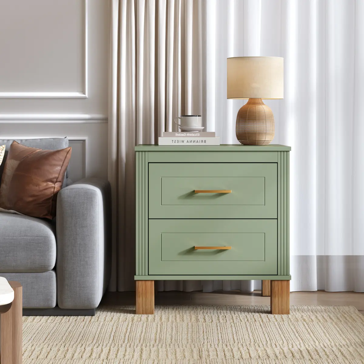 2-Drawer Sage Green Tall Nightstand - Premium Wood Fluted Panel Storage, MDF Frame, Solid Wood Legs, Metal Handle, Scratch-Resistant Tall Bedside Table for Bedroom