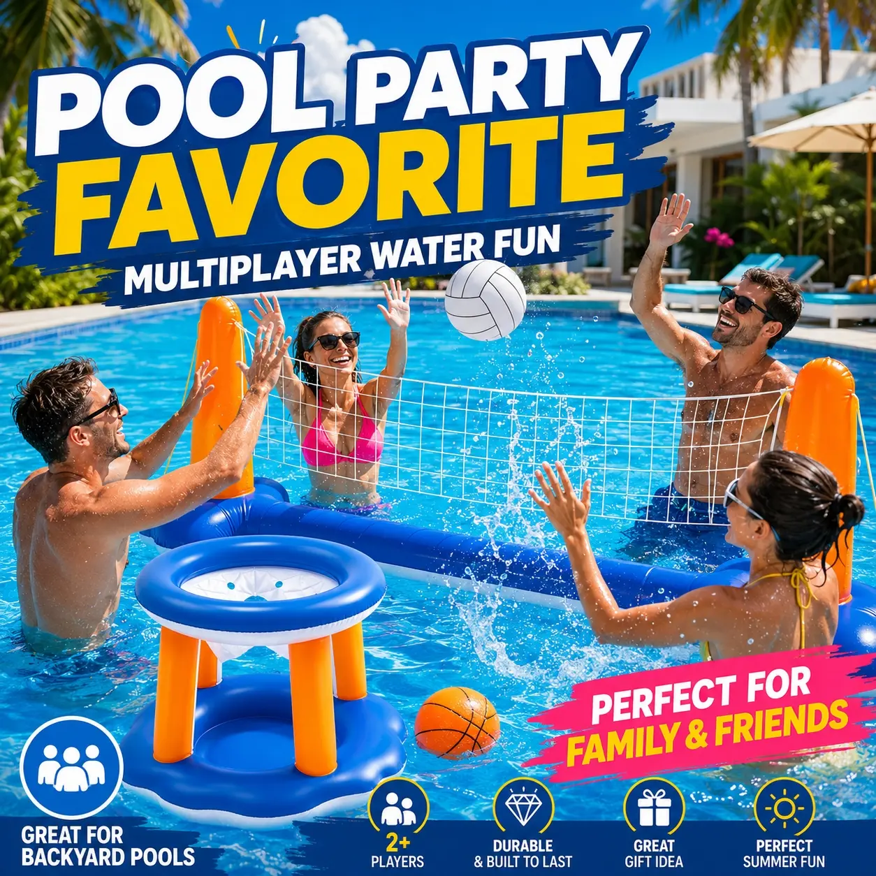 Inflatable Pool Volleyball Set, 2-in-1 Portable Water Sports Game with Volleyball Net, Basketball Hoop, 2 Weight Bags, Upgraded PVC Ball & Air Pump, Durable Floating Court for Kids, Adults, Family Pool Parties, Backyard Summer Fun