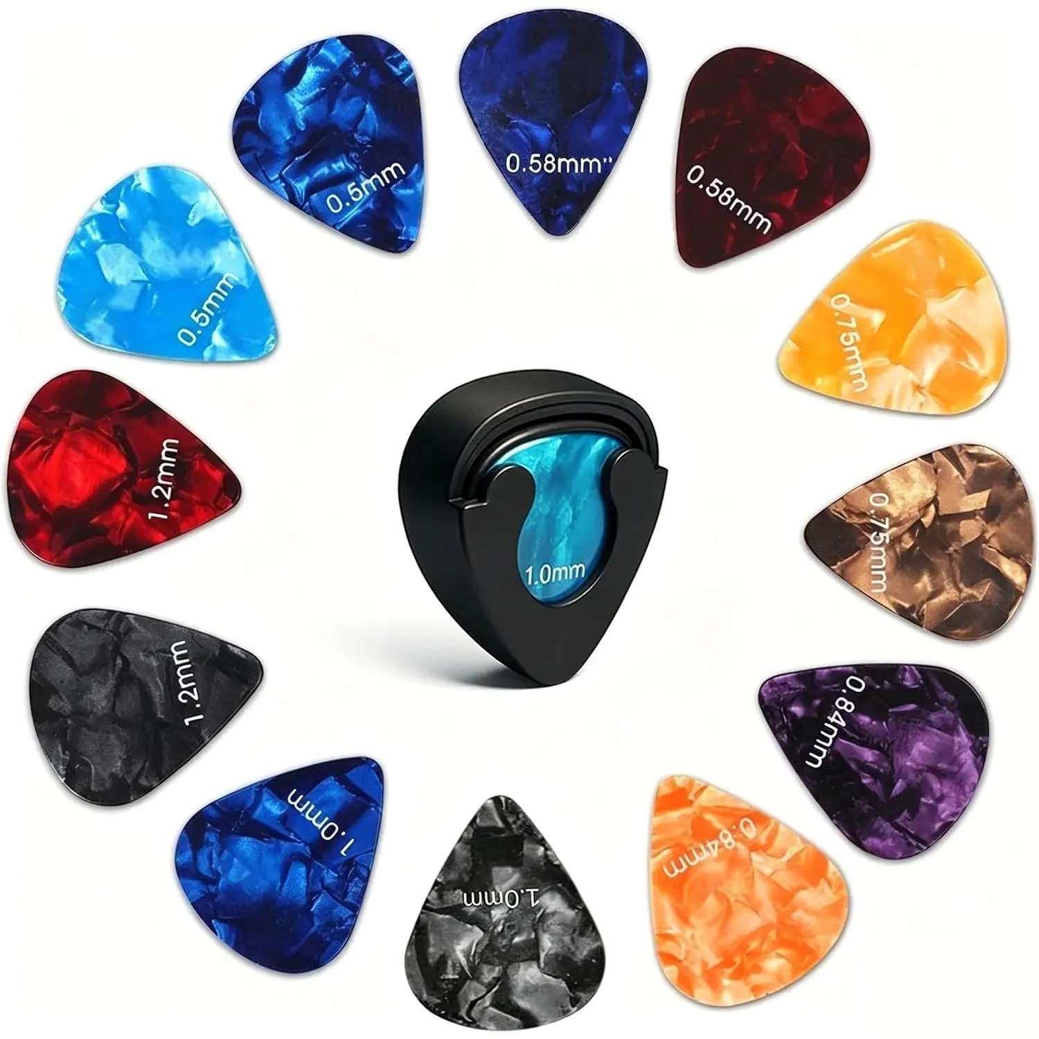 18 Pack Celluloid Guitar Picks with Organizer Storage Box & Holder Case,0.5 0.57 0.75 0.84 1.0 1.2 mm Six Timbres and  Thicknesses & Variety Colorful Plectrums for Bass Electric Acoustic Ukulele