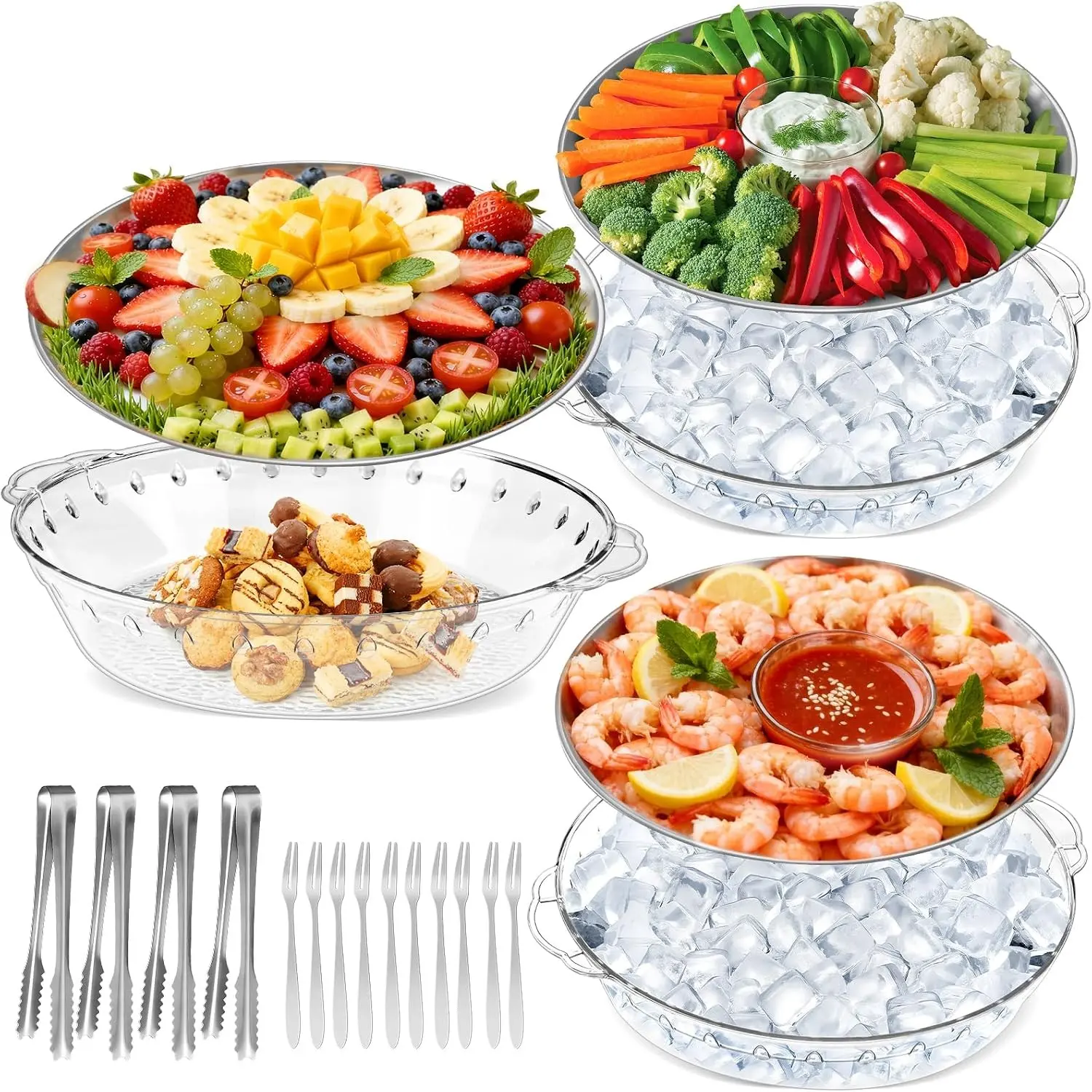 3-Set 11.8 in Compartmentalized Chilled Serving Trays, Keep-Cold Kitchenware for Parties, Ideal for Charcuterie, Shrimp Cocktail, Vegetables, Fruits, Cheese, Seafood & Dips