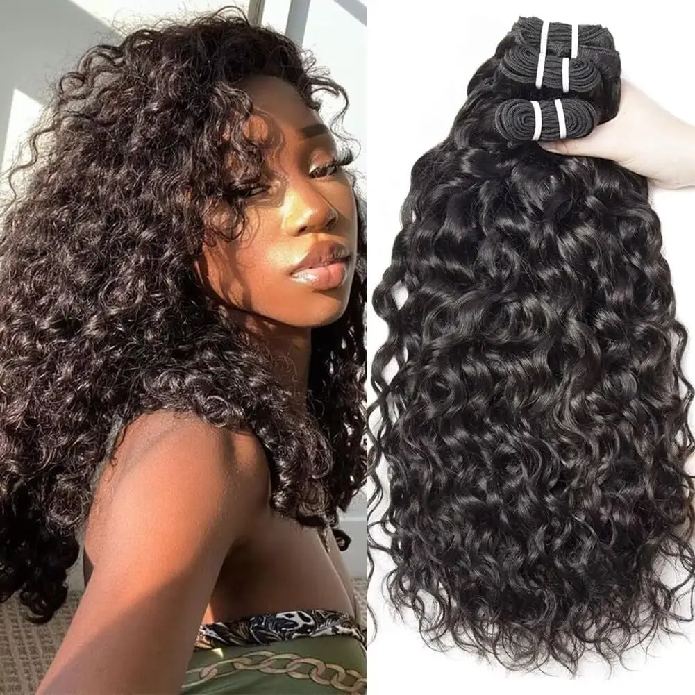 Unprocessed Brazilian Human Hair Water Wave Bundles 3PCS Curly Human Hair Extensions with Double Weft Soft Thick Minimal Shedding &Tangle Free Can Be Dyed Bleached Curled Hair Weave Bundles for Sew In Natural Look Hair Extensions 12-22 Inch