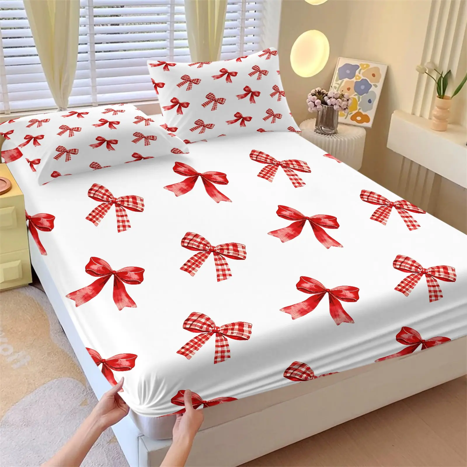 American Retro Style Red Plaid & Solid Red Bows Print Fitted Sheet Set, Include 1 Bedspread and 2 Pillowcases, Full Surrounded High Elastic Band Non-slip Mattress Cover, Skin-friendly Breathable Washable Dustproof Bedcap, All Seasons Use, Soft and Comfort