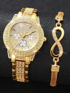2-piece set of fashionable Roman numeral diamond-embellished ladies' quartz watch bracelet wristwatch set