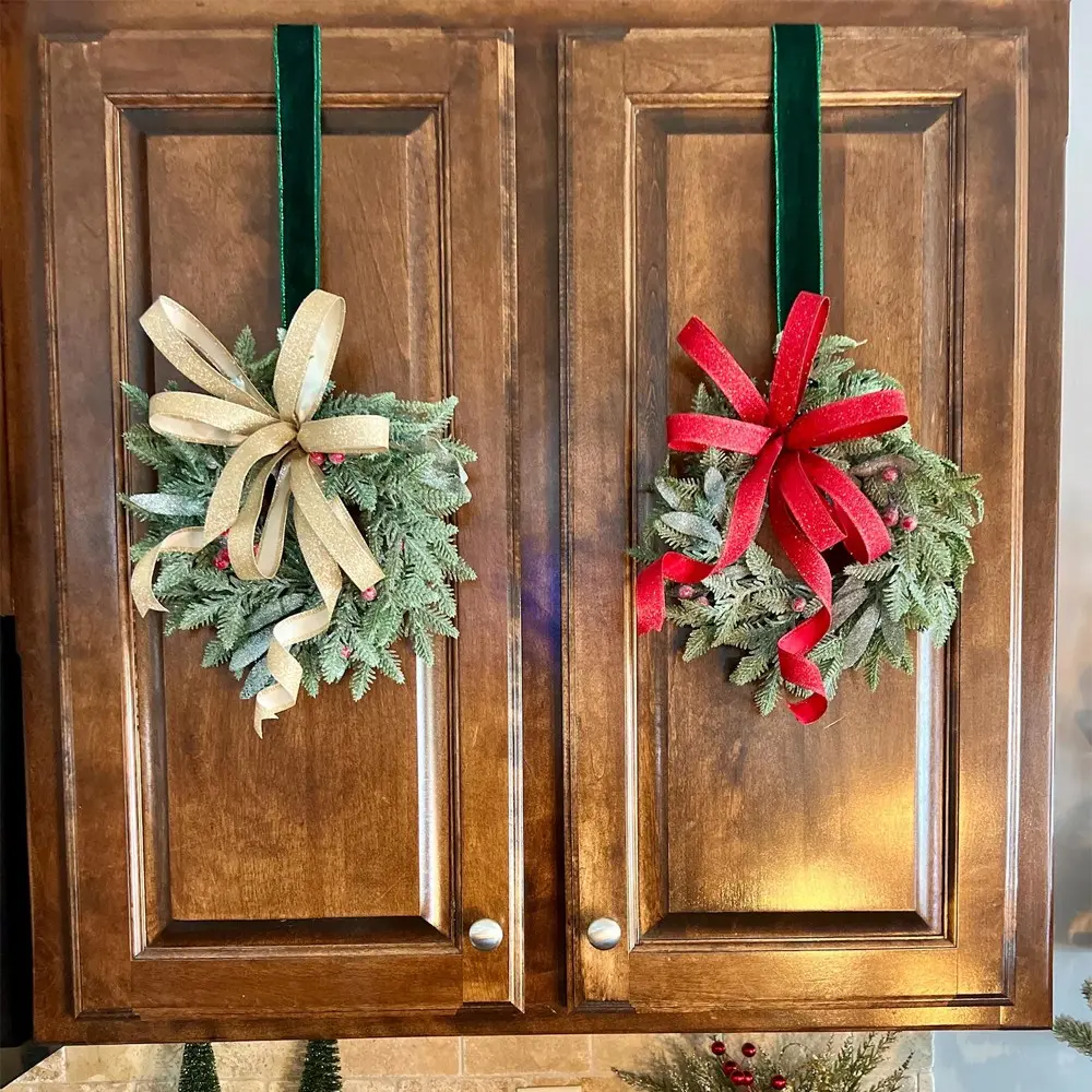 2pcs Kitchen Cabinet Christmas Mini Wreaths, Small Wreath Set, Window Wreath, Christmas Decor Farmhouse, and Gold Bow Wreath