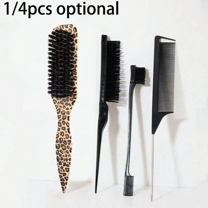 4/1Piece Luxury Leopard Print Nylon Brush & Comb Set - Hair Brushes - Detangler Brush - Create Exquisite Hairstyles, Parting, Layering, Updos, Hair Tying, Back Combing, Detangling & Smoothing - Odorless, Gentle & Easy to Clean