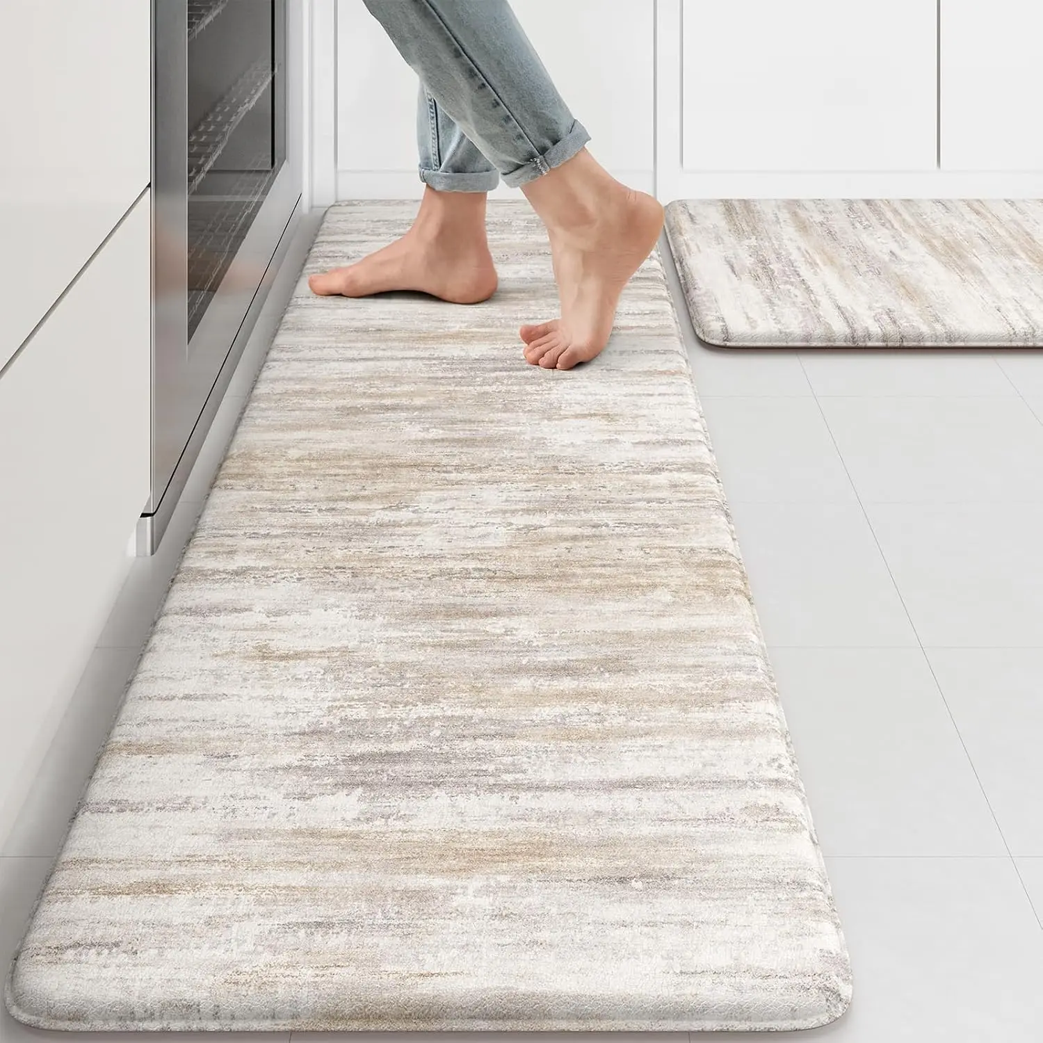 Anti Fatigue Kitchen Mats for Floor 2 Piece, Cushioned Abstract Kitchen Rugs,Memory Foam Kitchen Floor Mats, Standing Desk Mats for Laundry, Office, Sink Light Brown Multi 17"x47"+17"x29"