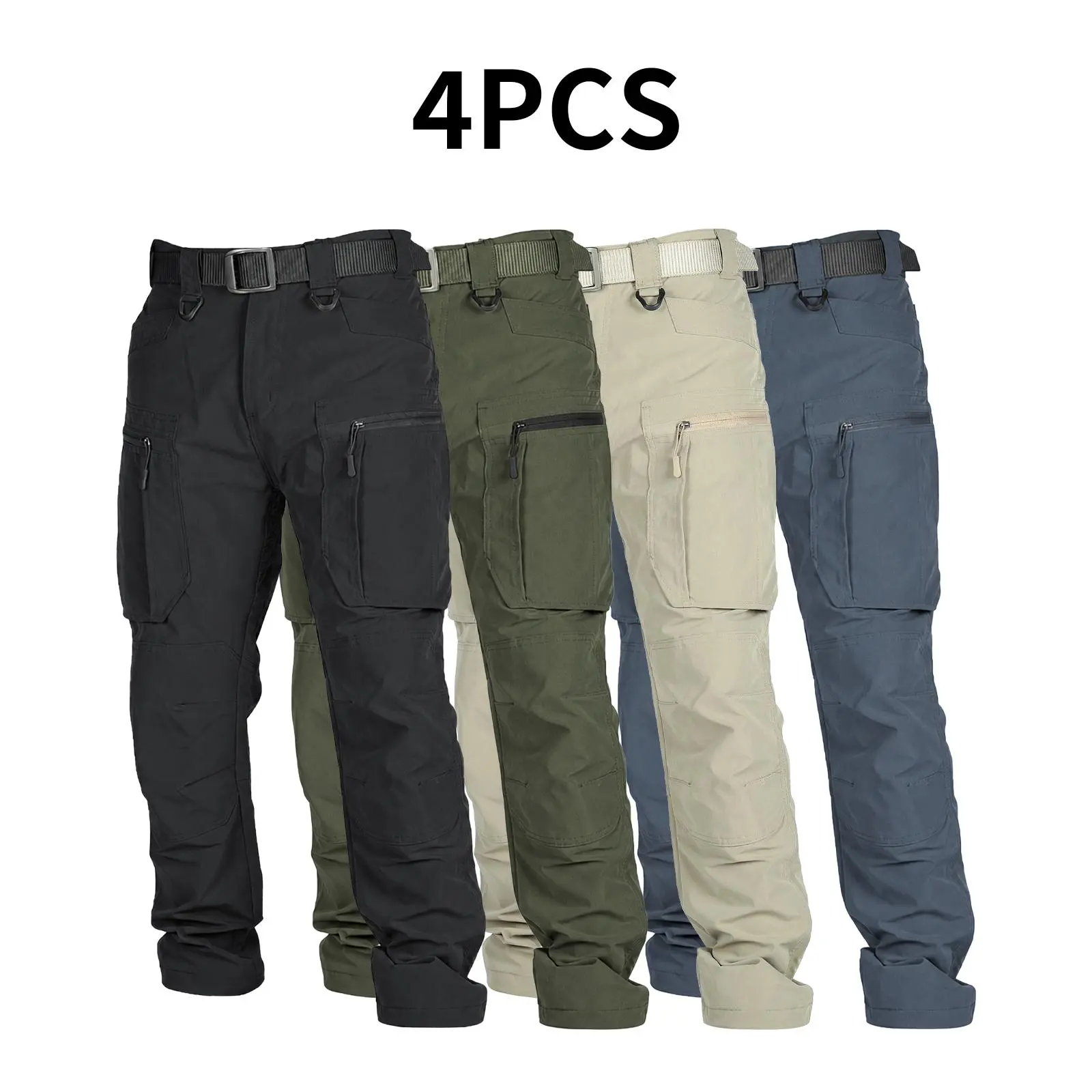 4-Pack Mens Lightweight Cargo Pants, Ripstop Tactical Pants with Large-Capacity Pockets, Wear-Resistant Fabric for Outdoor Hiking & Travel