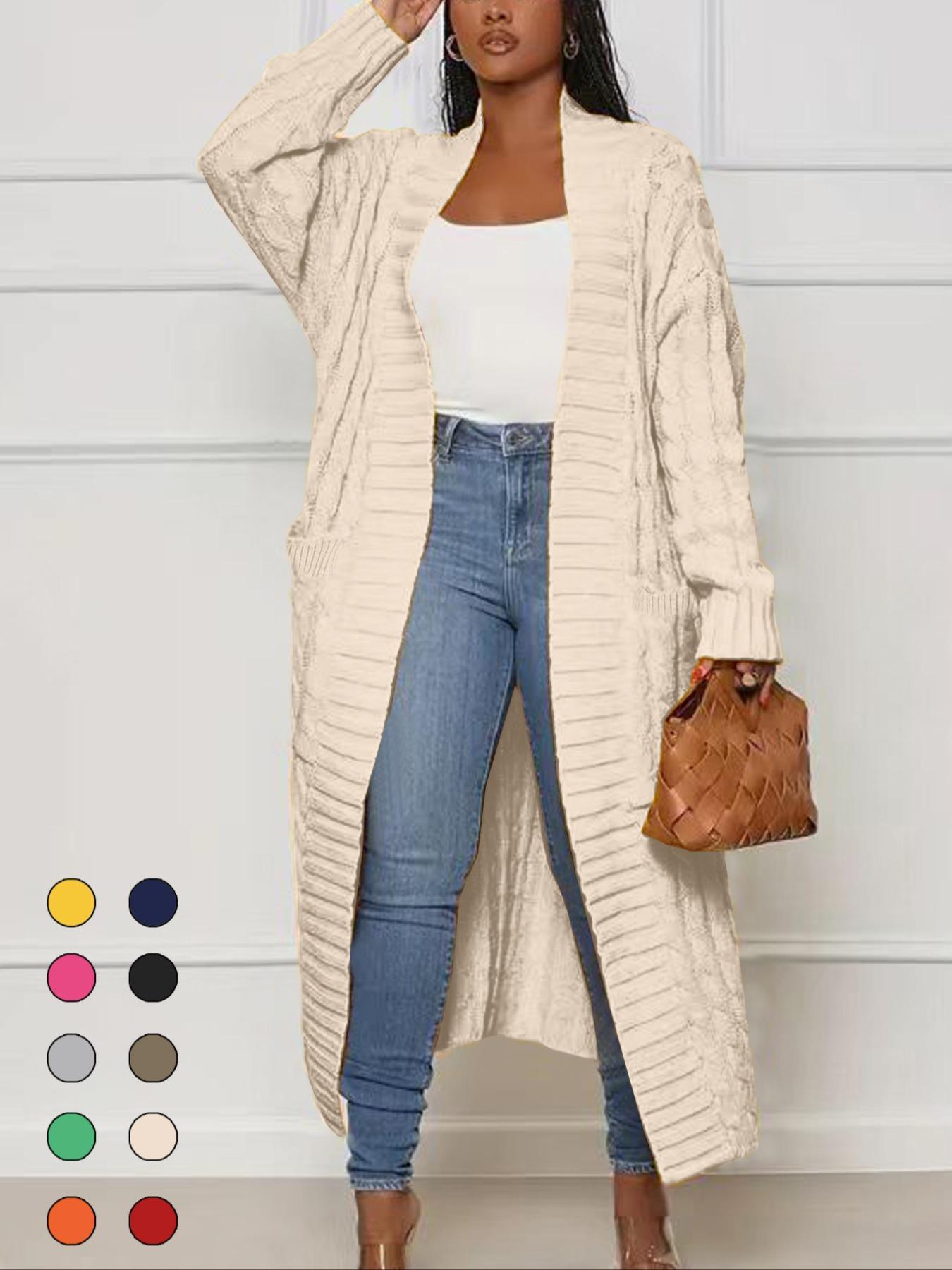 Women's Solid Color Textured Drop Shoulder Pocket Longline Cardigan, Casual Open Front Knitwear for Fall & Winter, Women's Knit Clothing for Daily Wear, Sweaters for Women