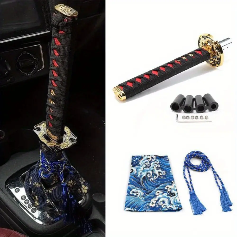 Universal Dust Cover Shift Knob Collars with Adapters with 200MM JDM Katana Samurai Sword Shift Knob Shifter Car Gear Lever Accessories