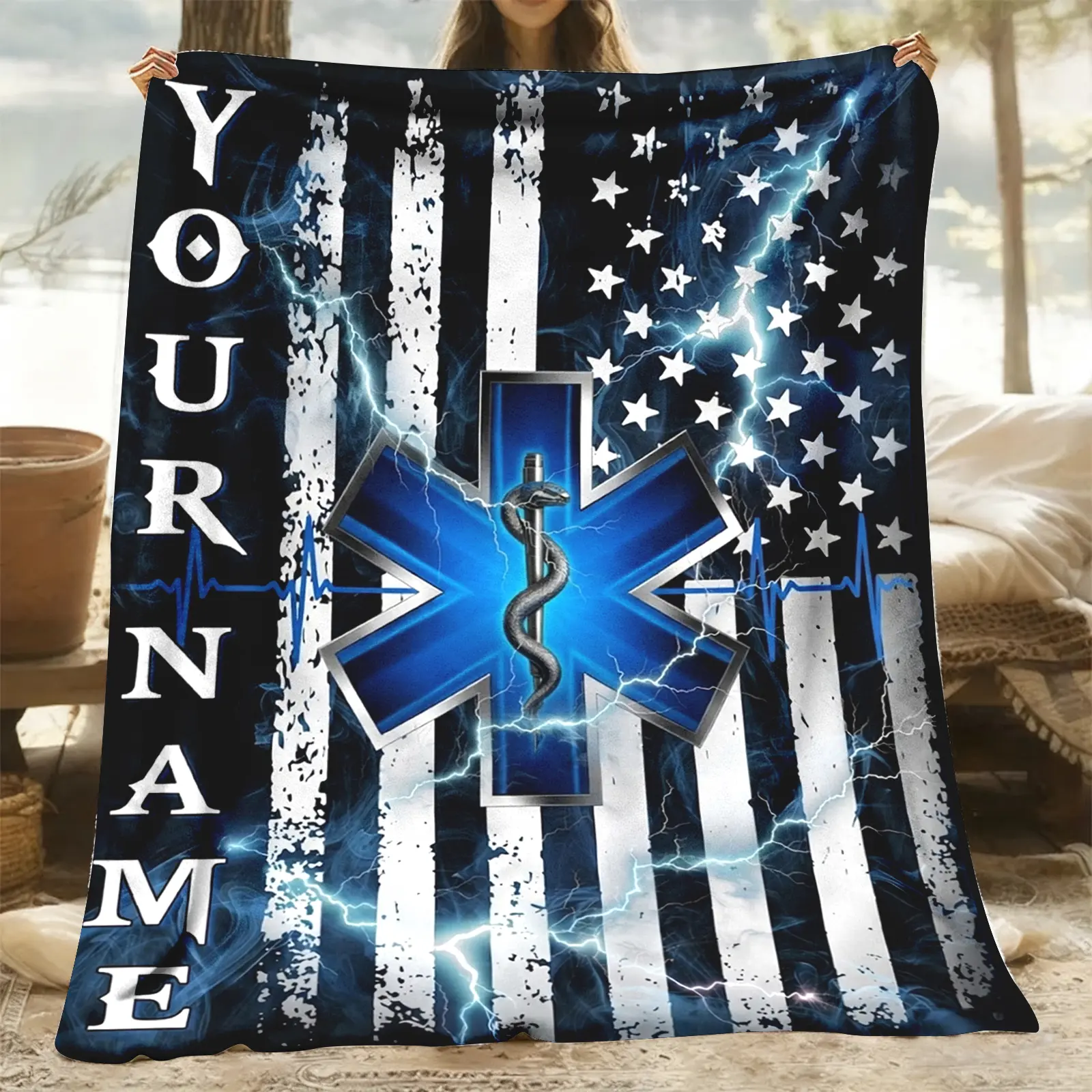 Customized EMS Star Of Life Flannel Throw Blanket - Distressed Stars and Stripes, Wrinkle Resistant, Soft, All-Seasons, Personalized EMT Paramedic Design, Patriotic Home Decor Gift for First Responders (Wedding, Glam 1-Piece Keepsake for Best Friends)