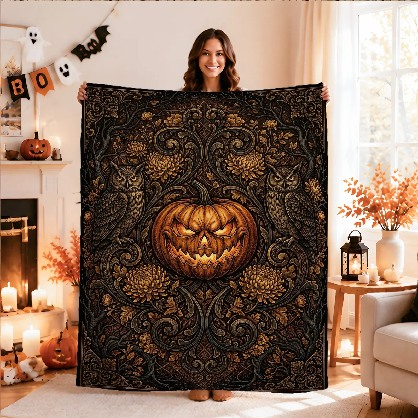 1pc Halloween Pumpkin Owl Floral Blanket, Dark Vintage Style, Intricate Floral Patterns with Spooky Pumpkin and Owls, for Living Room Fall Decor and Halloween Celebration