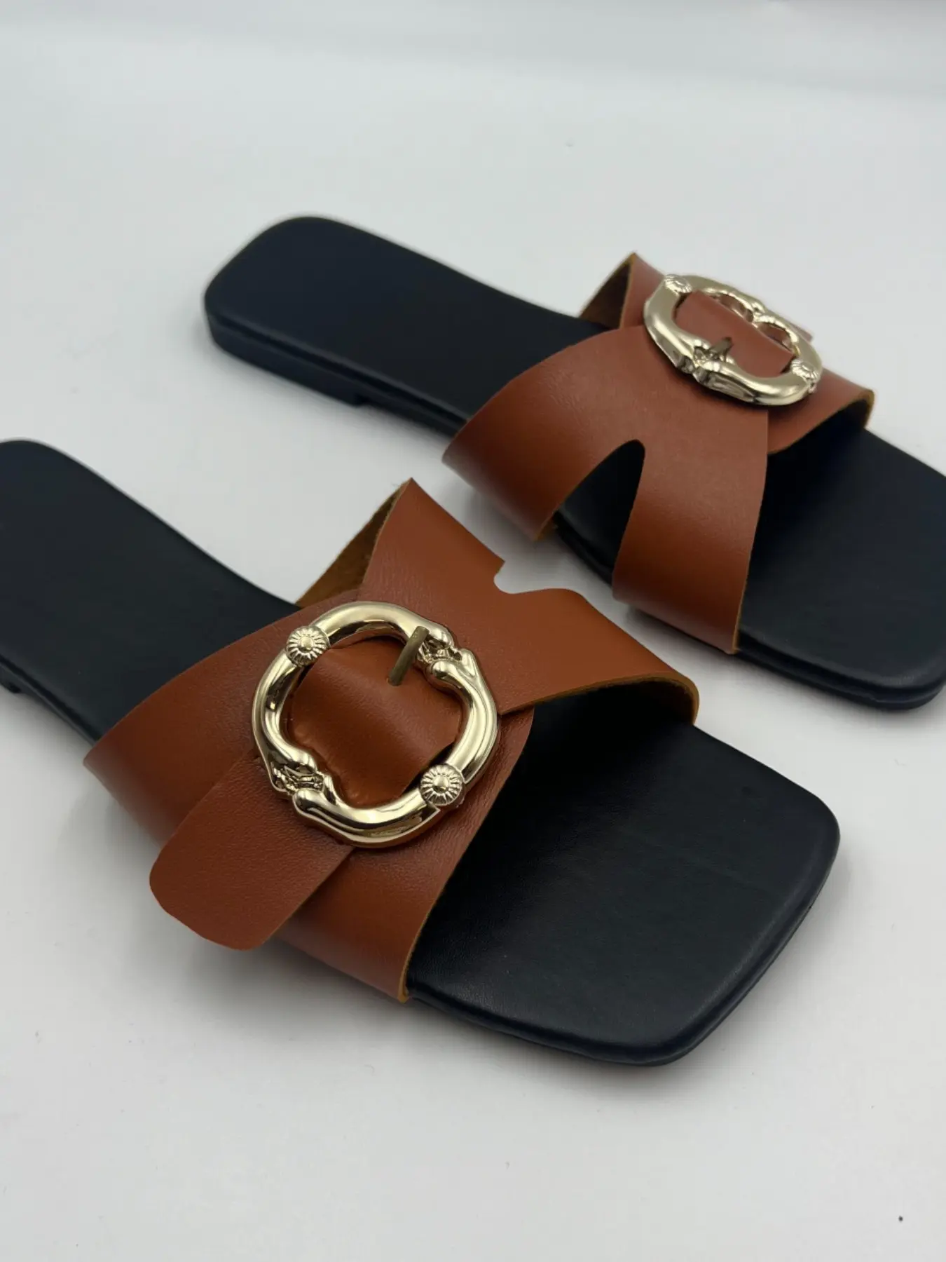 Cross Strap Square Toe Flat Sandals, Metal Ring Buckle Decor, Multiple Colors Available, Retro Minimalist, Summer Outdoor Versatile Slippers