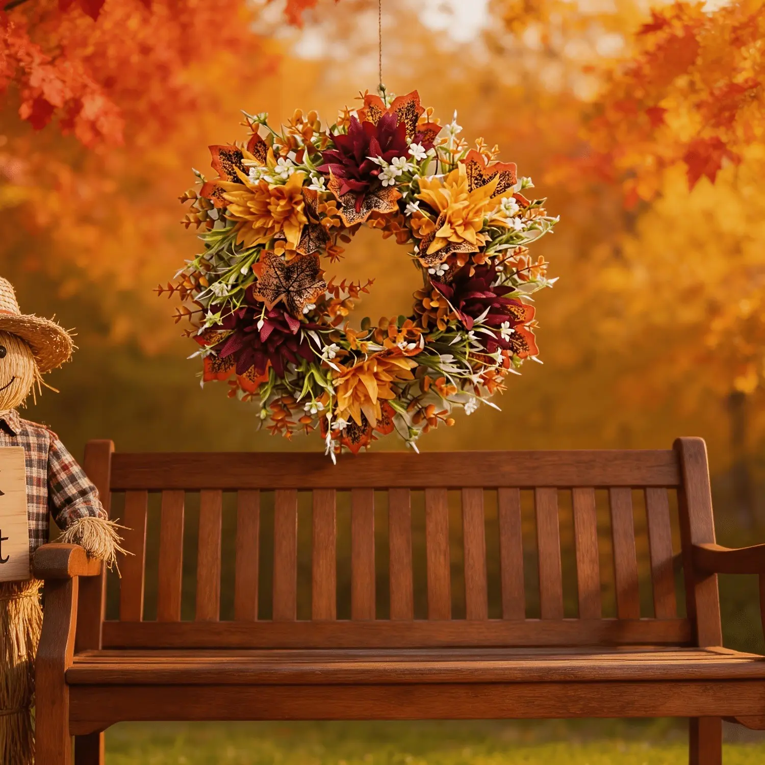 Handmade Autumn Thanksgiving Wreath, Chrysanthemum Flame Daisy Maple Leaf Eucalyptus, Door Decor, Farmhouse Fall Decoration, Halloween Party Wreath, Party Decorations