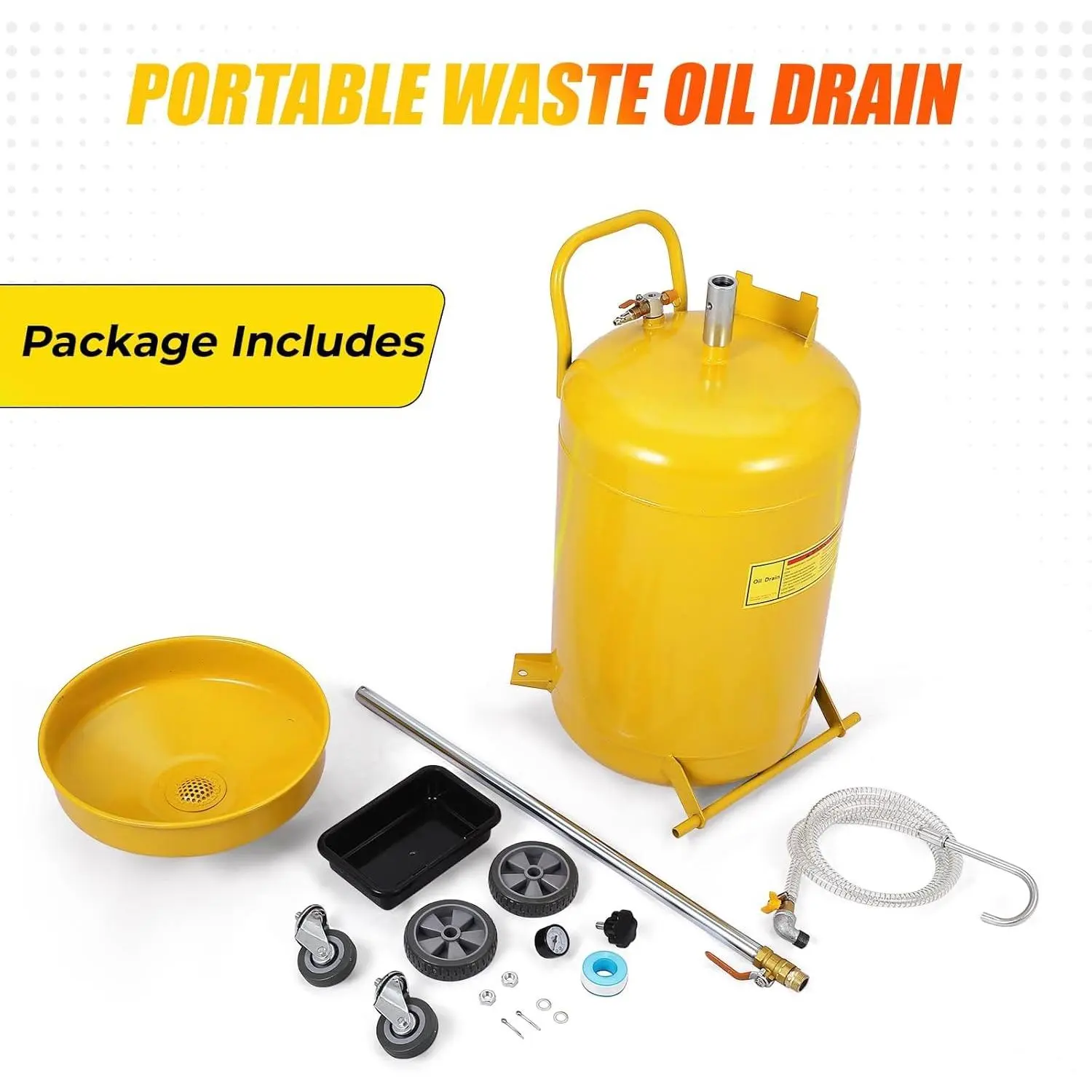 Air-Operated Portable Waste Oil Drain Tank (8/20 Gal) for Auto Repair Shops & Garages, Car Repair Tool with Adjustable Funnel Height, Includes Wheels & Fluid Transfer Drainage Function
