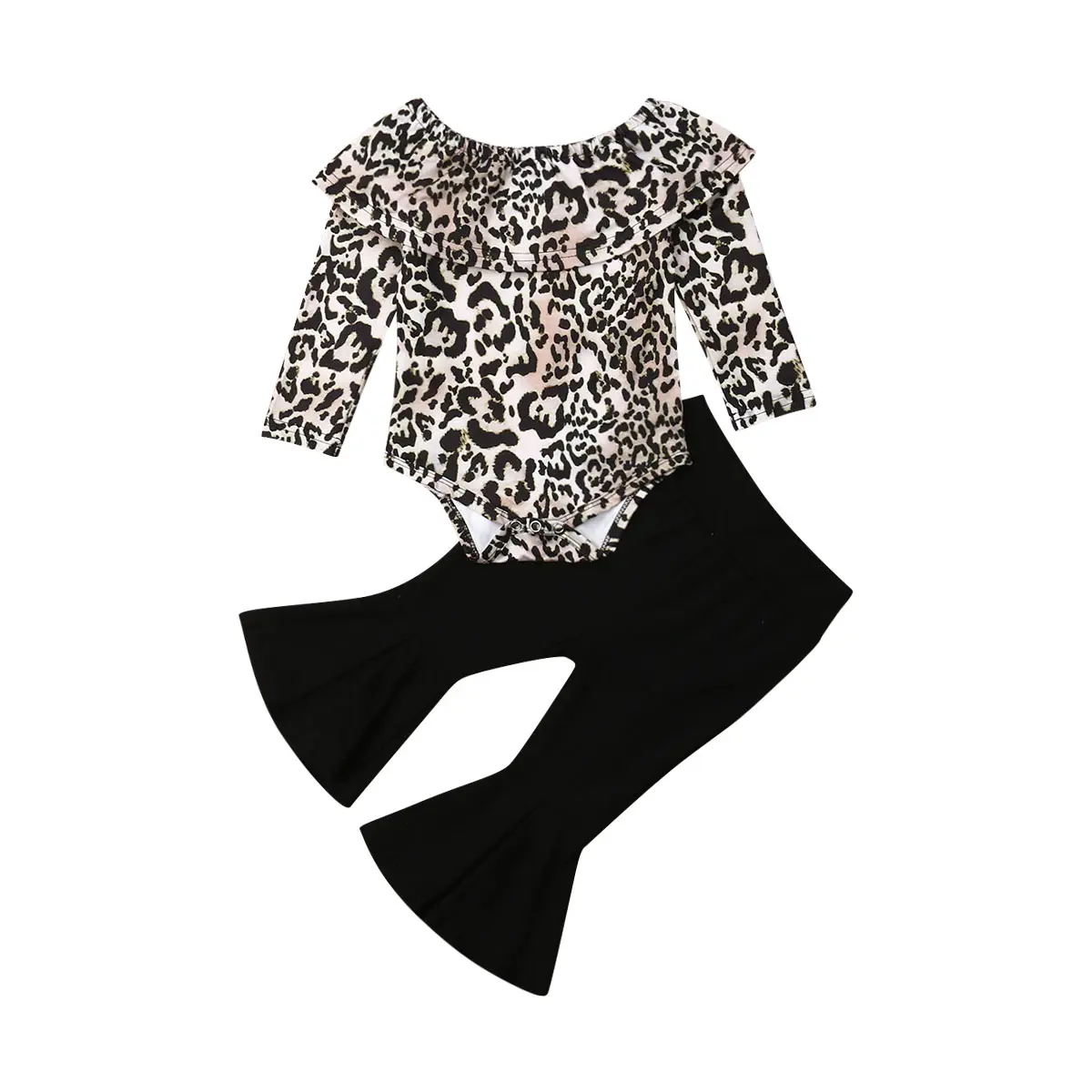 Toddler Baby Girl 2Pcs Fall Outfit Leopard Print Off Shoulder Ruffle Long Sleeve Bodysuit Flared Pants Casual Daily Holiday Set