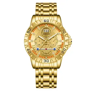 Horologi Full Gold Chronograph Quartz Watch for Men, Multi-Subdial Calendar Wristwatch, Diamond Markers Stainless Steel Sport Watch, 30M Water Resistant