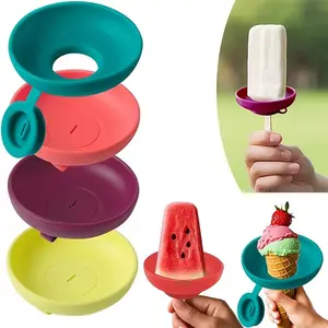 4PC Silicone Ice Cream Holder Stand Set Summer Popsicle Drip Guard Leak Proof Cone Support Portable Ice Pop Mold Tray Dishwasher Safe for Kids On The Go Snacks Thanksgiving Tableware Ideal for Family Kids Party Hosts Summer Outdoor Fun Gift