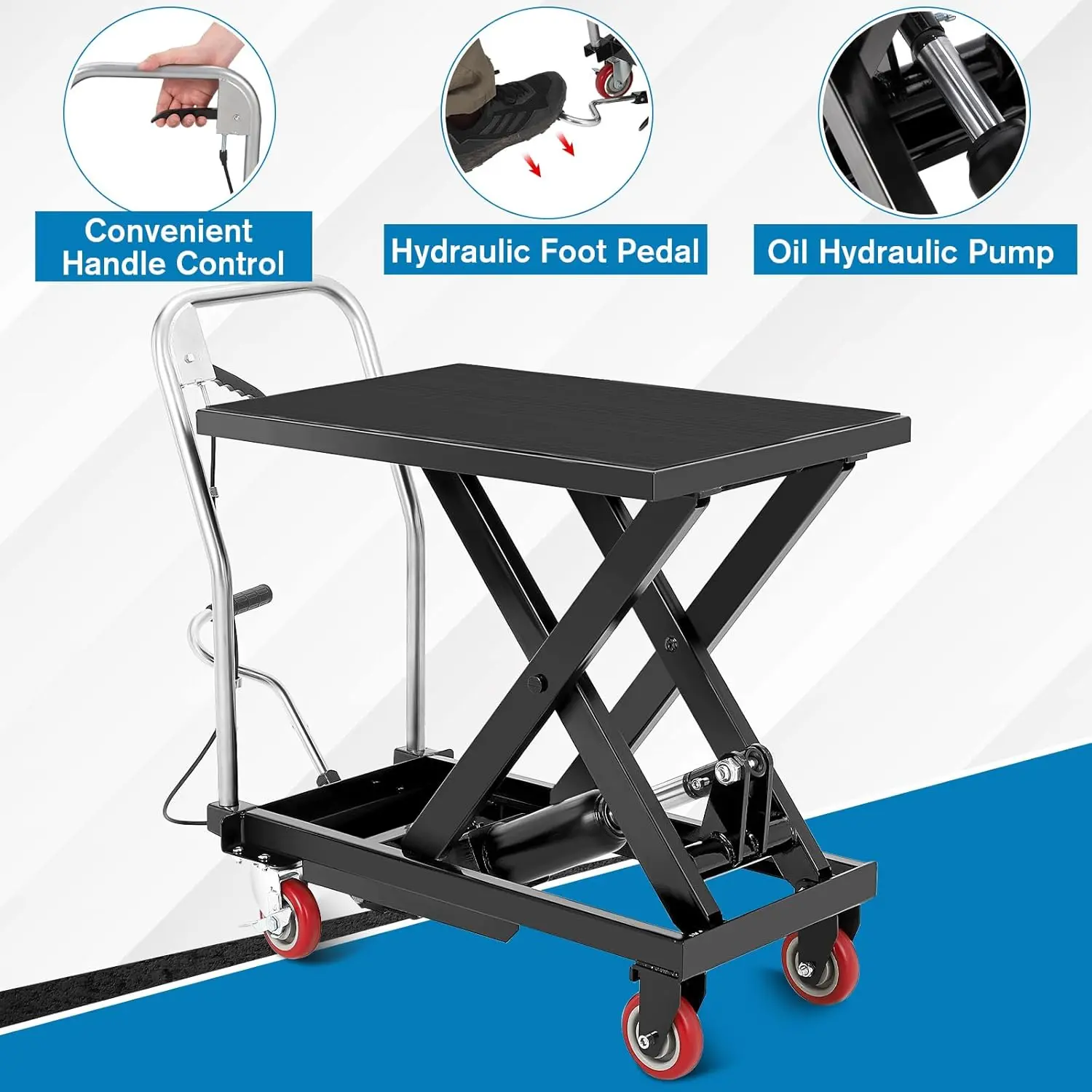 Garvee Heavy Duty Hydraulic Lift Table Cart - 500 lbs Capacity, 28.5" Max Lift Height, Single Scissor Steel Platform, Non-Slip Pad, Locking Swivel PU Casters, Foot Pedal, Manual Operation - Ideal for Warehouse, Garage, Material Handling