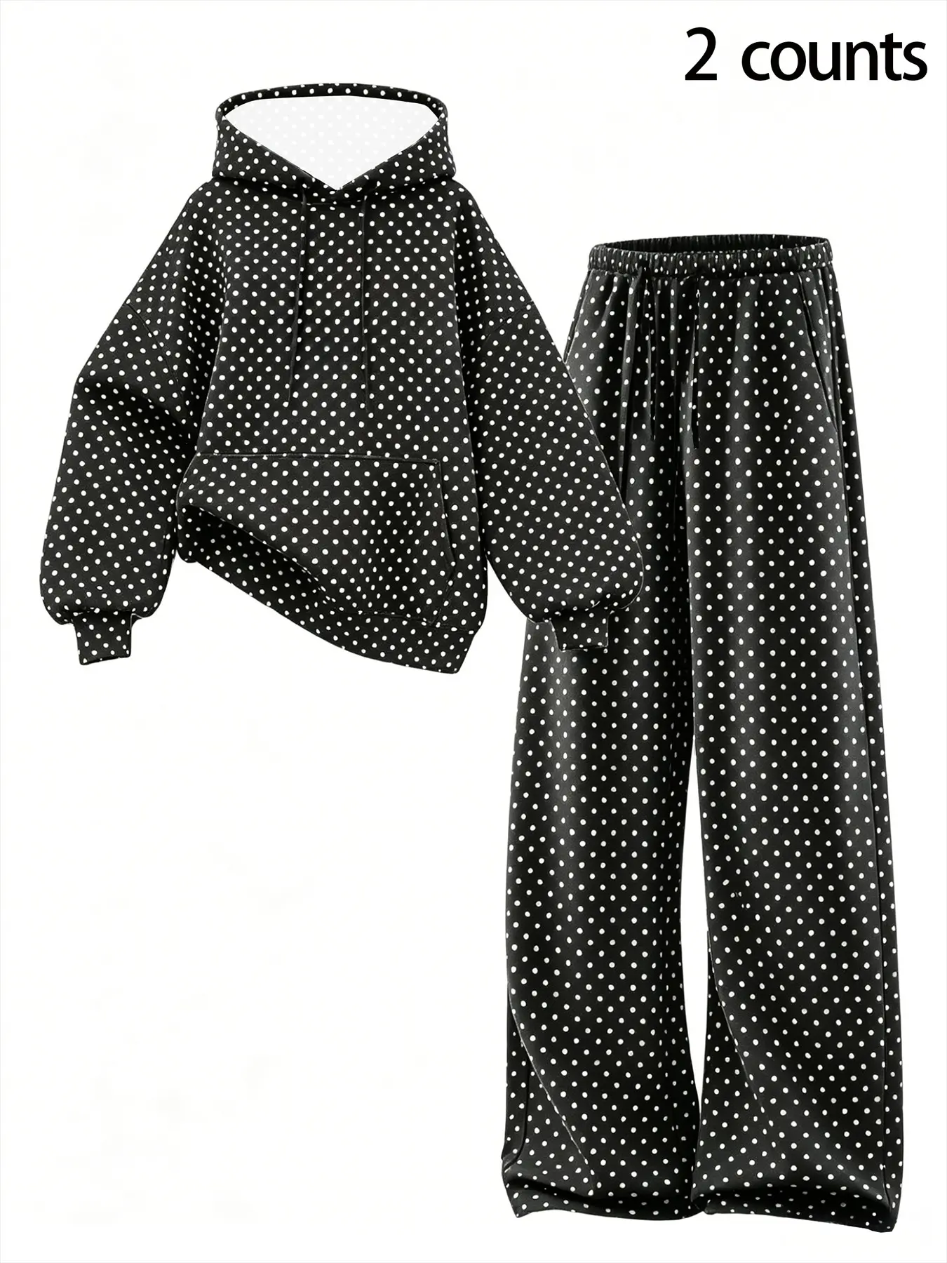Women's Fall Winter Y2K Polka Dot Casual 2-Piece Set, Hooded Drawstring Top with Pocket, High Waist Wide Leg Pants, Loose Fit