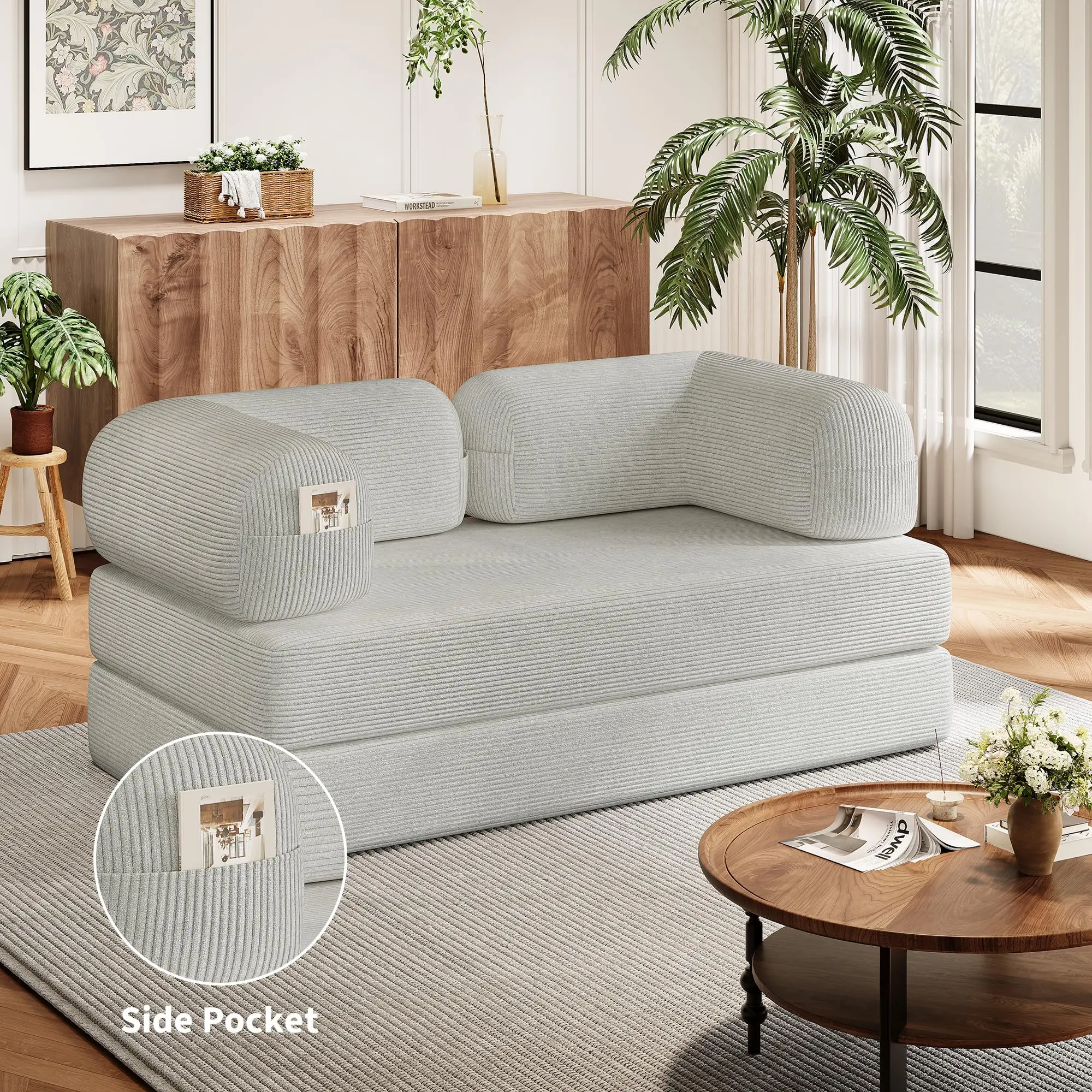 Corduroy Floor Sofa Bed, 4-in-1 Convertible Futon Couch, Double Layer Boneless Floor Lounger with Foam Backrest, Space-Saving Foldable Sleeper Sofa for Living Room & Bedroom