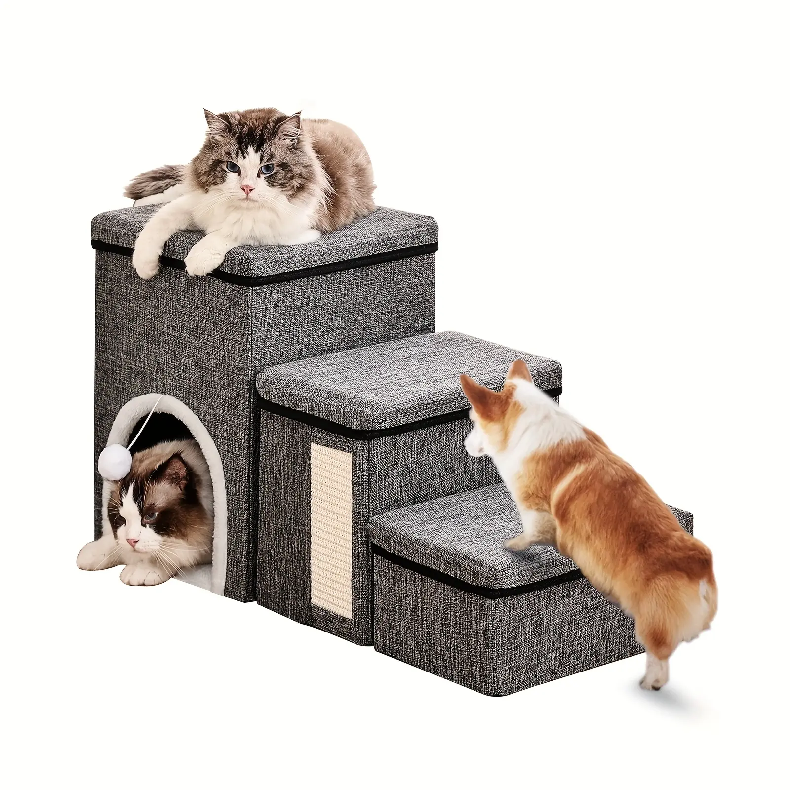 3-Step Foldable Pet Stairs for Dogs & Cats with Soft Comfortable Cushion Grey Fabric Portable Indoor Outdoor Pet Ladder Textured Safe Steps Structured Design Storage Mat Ideal for Small Puppies & Kittens