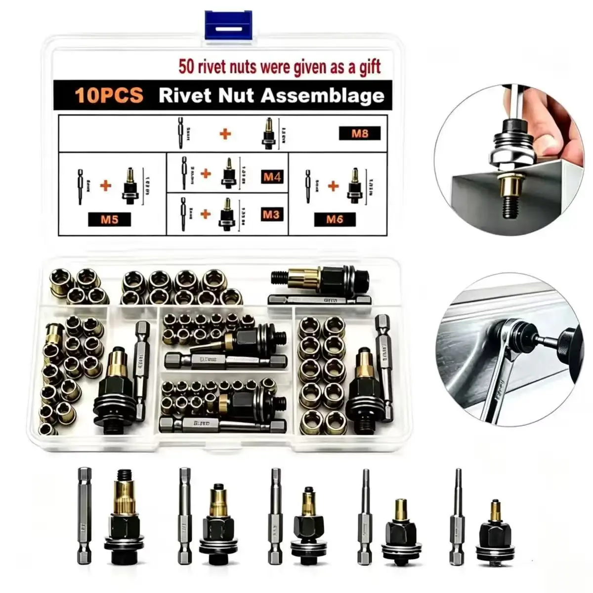 Head Rivet Nut Tool, M3 M4 M5 M6 M8 Rivnut Kit, Carbon Steel Rivnut Set, Threaded Rivet Nut Kit, Manual Riveter Rivnuts Tool Accessory for Automotive Repair Warehouses,fathersdaygift