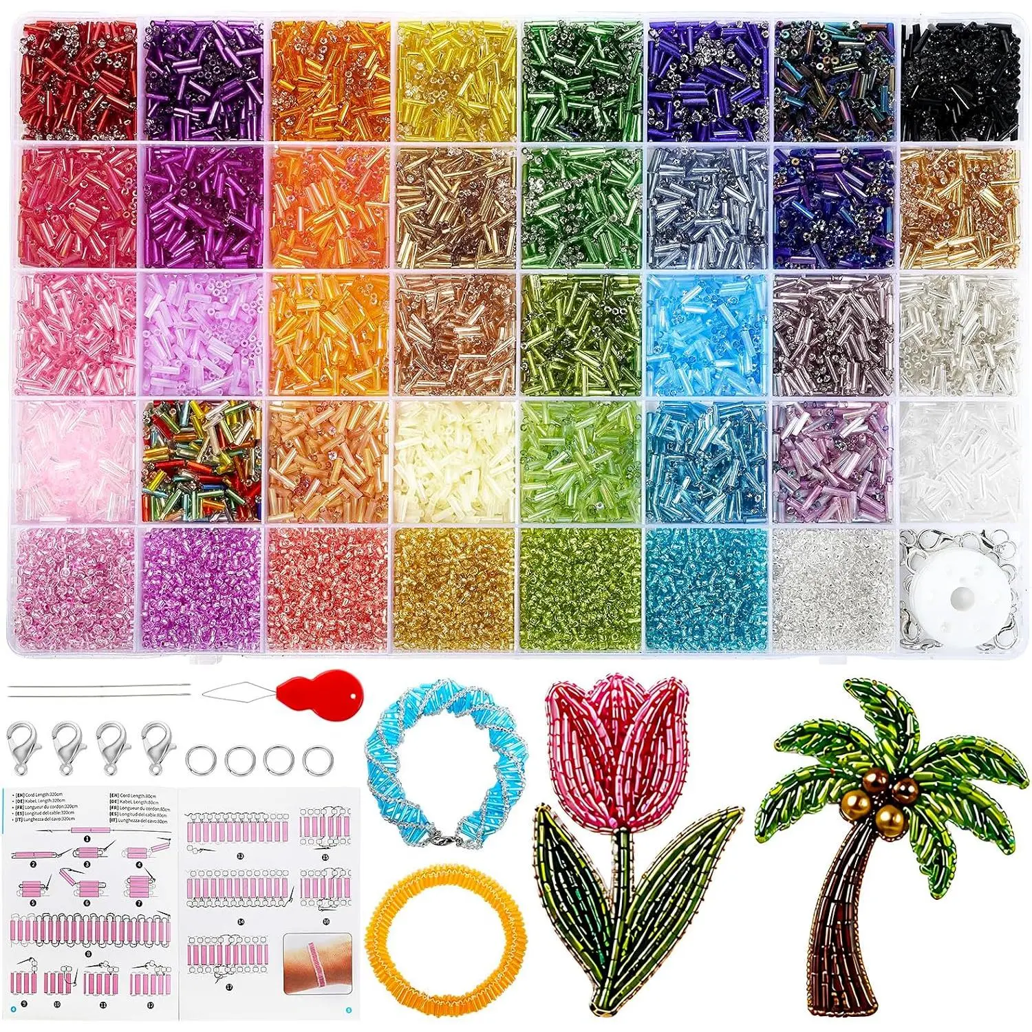 10500 count Embroidery Glass Tube Seed Beads Kit, 39 Colors Beads for Crafts | 7mm Glass Bugle Beads & 2mm Seed Beads Kit with Manual for DIY  Making Bracelet Necklace Crafts, Small  Beads