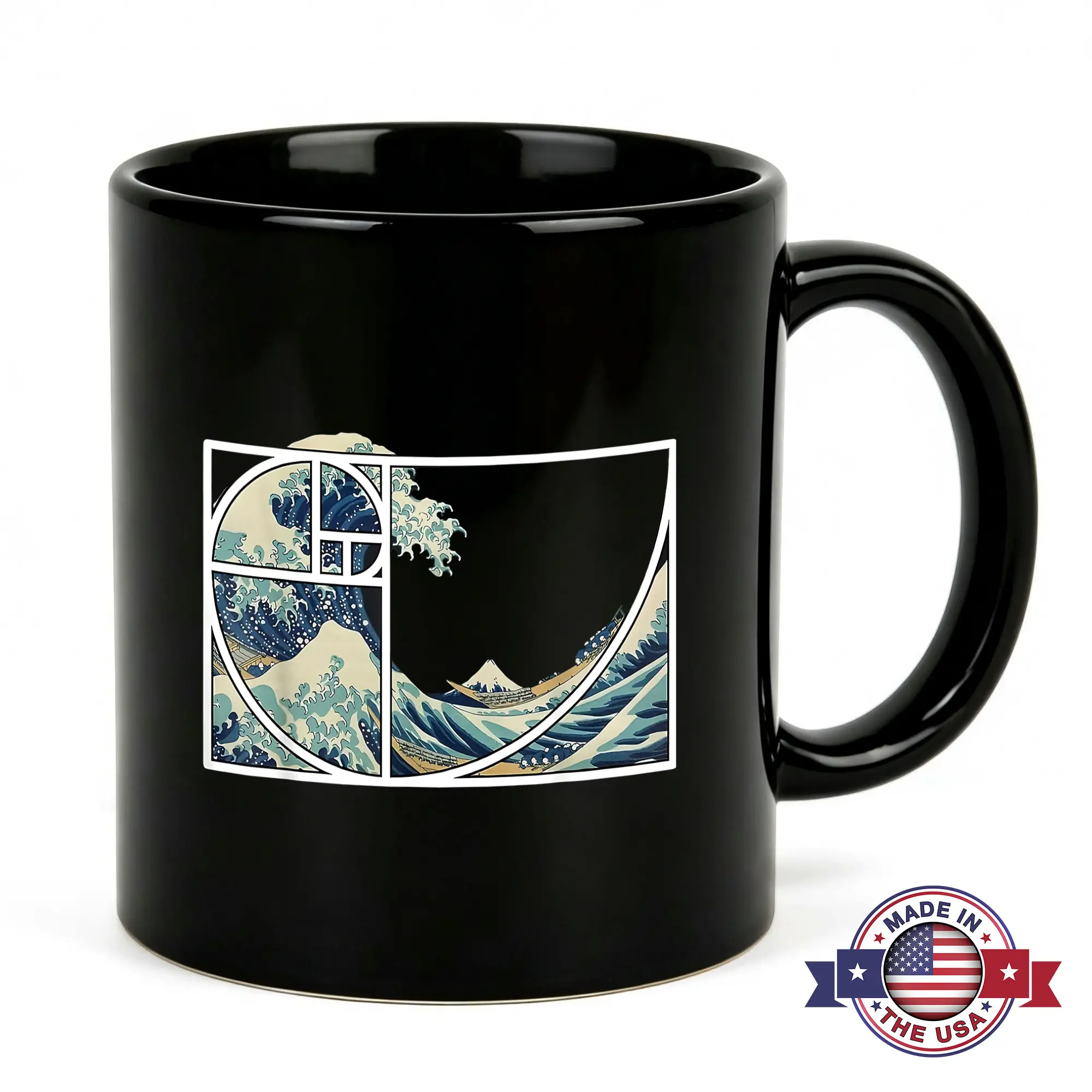 11oz Black Ceramic Golden Ratio Great Wave Single Mug - Modern, Heat Resistant Japanese Art Fibonacci Sequence Drinkware, Office Decor Gift for Engineers, Mathematics Nerds
