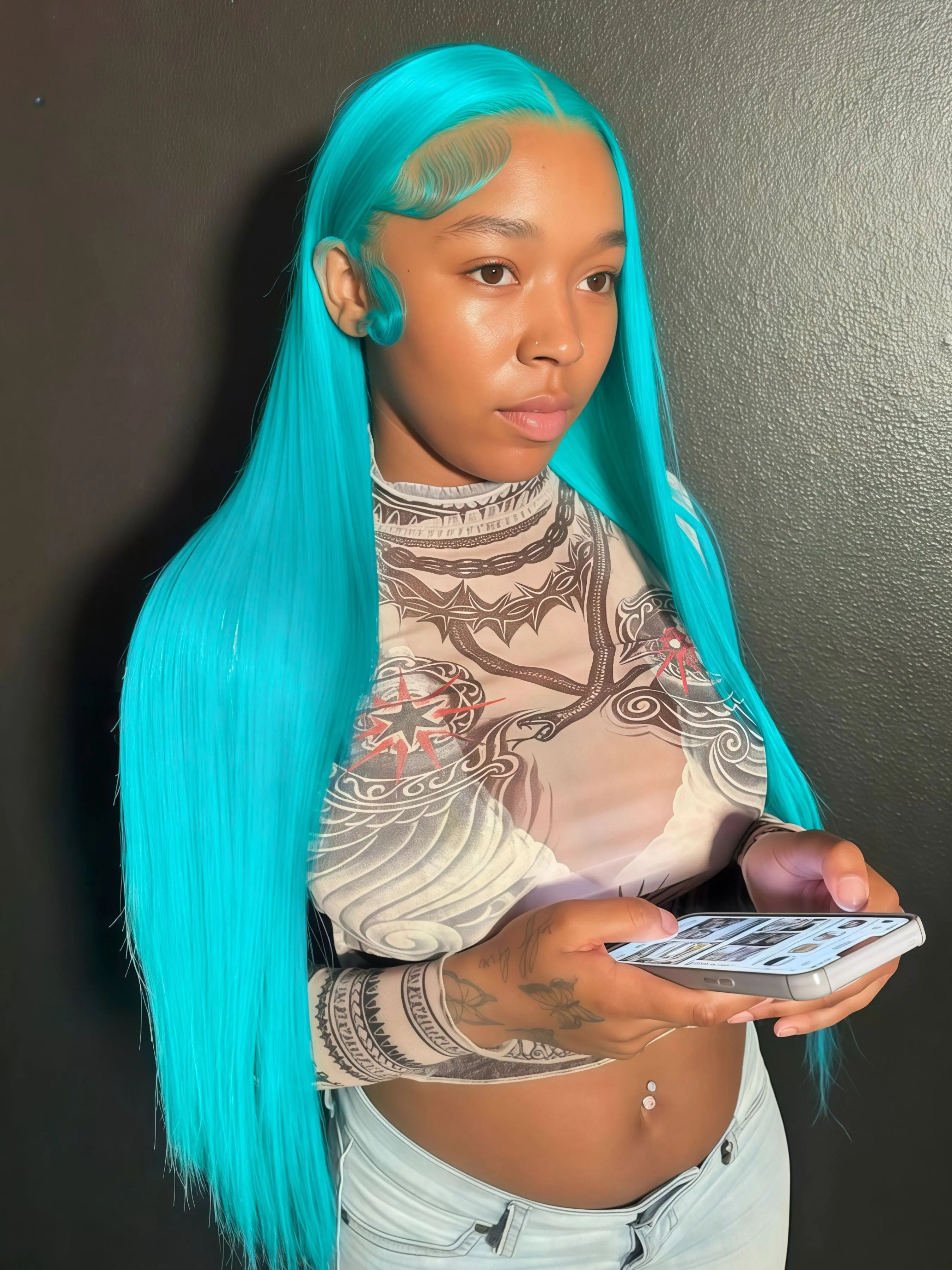 Mint Blue 13x4 Lace Front Wig, HD Transparent Lace Frontal Wig, Pre-Plucked Natural Hairline, Synthetic Fiber Wig, Free Part Straight Hair Wig, Blue Music Festival Styling Straight Wig, Coachella Festival Outfit Look, Natural Looking Wigs, Lace Wear Wigs