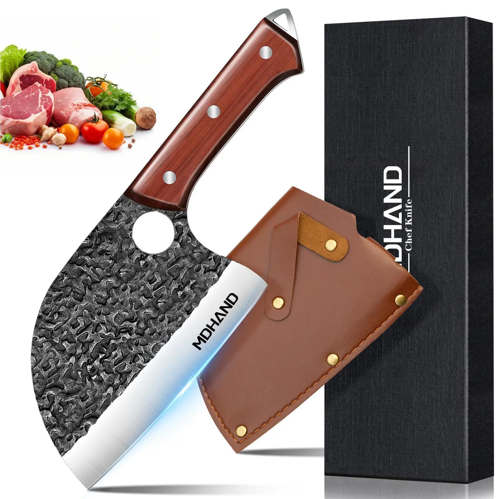 Hand Forged High-quality Serbian Knife, Made Of High Carbon Steel Material, Comfortable Wooden Handle, Perforated Hanging Design At The End Of The Handle, Equipped with Leather Scabbard, Gift Box Packaging