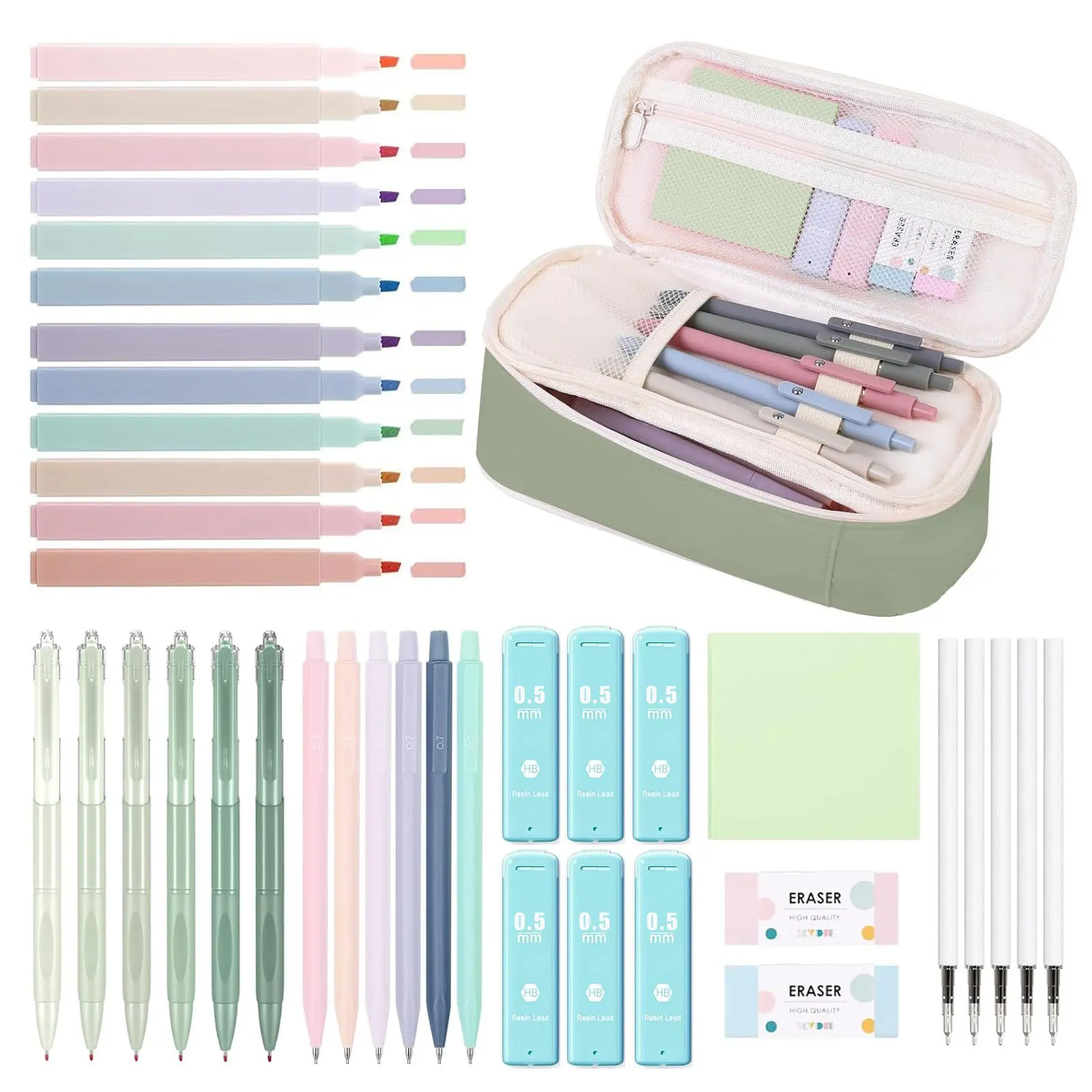 39PCS Cute School Supplies with Pen Case for Girls - 5 Black Ink Gel Pens, 12 Pastel Highlighters, 6 Aesthetic Mechanical Pencils Set for Stationary College Essentials