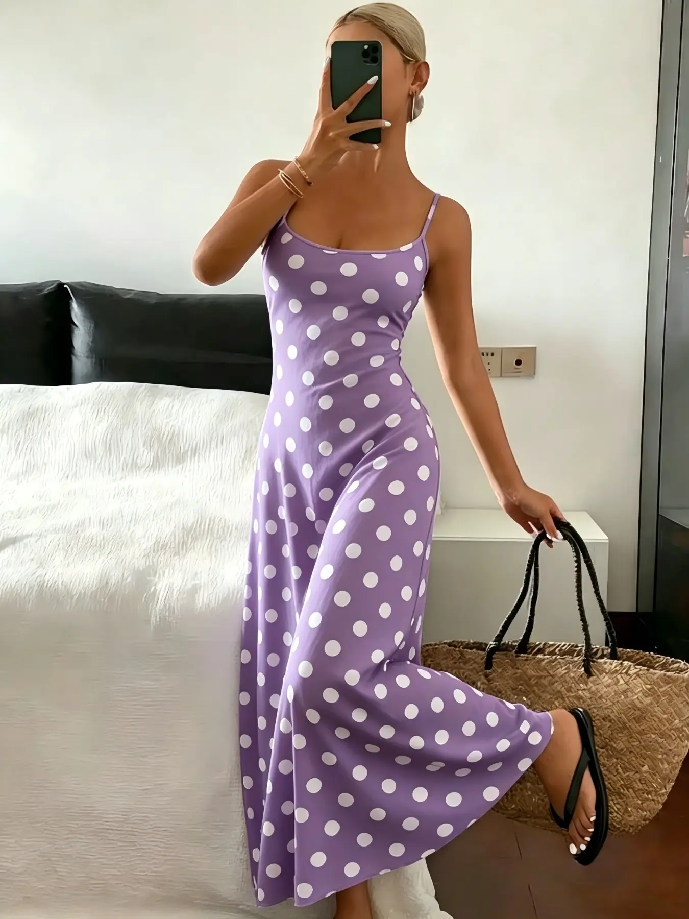 Women's Spring Summer Polka Dot Halter Dress, Soft Comfortable Home Wear, Versatile All-Season, Multiple Colors Available