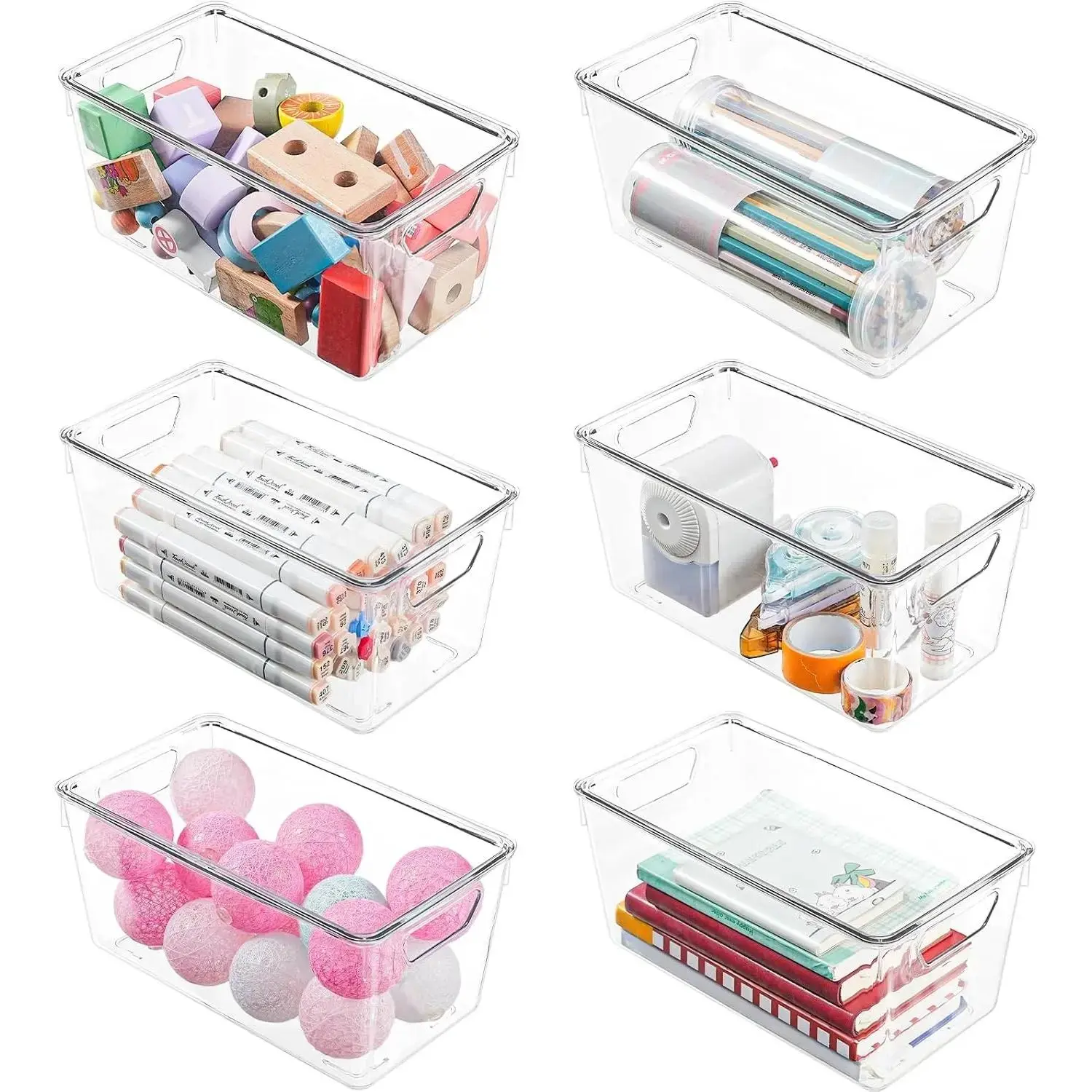 6 Pack Small Clear Storage Bins with Lids, Acrylic Arts and Craft Storage Containers, Stackable Clear Plastic Craft Storage Bins with Handles for Pantry Organizers and Storage, Kitchen, Fridge, Office