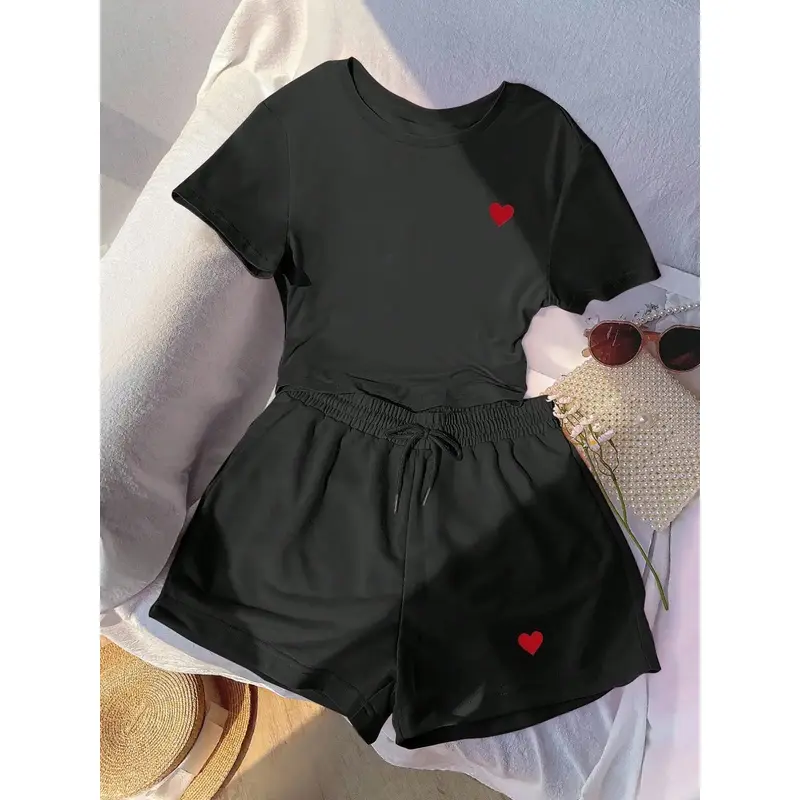 Women's European Style Heart Print Short-Sleeve T-Shirt & Shorts Matching Set - Slim-Fit, Casual Womenswear for Home Workout, Daily Commute, Matching Sets, Women's Matching Sets