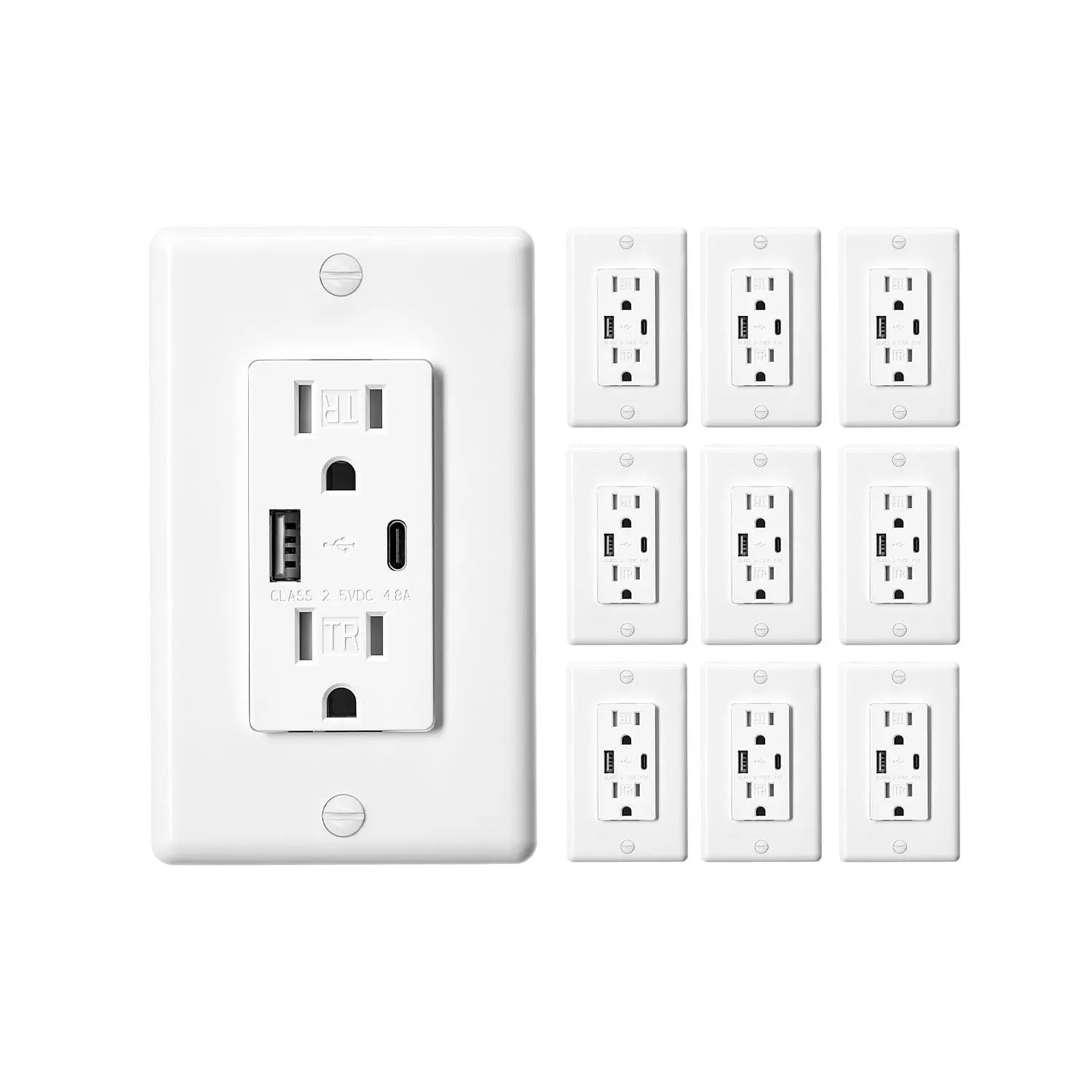 【DealsForYouDays】VEVOR USB Wall Outlet, 24 W 15A Tamper Resistant Electrical Outlet with 1 Type C 1 Type A Ports, 2 Three-prong AC Outlets, Screwless Wall Plate Included, Charging for Multiple Devices, White