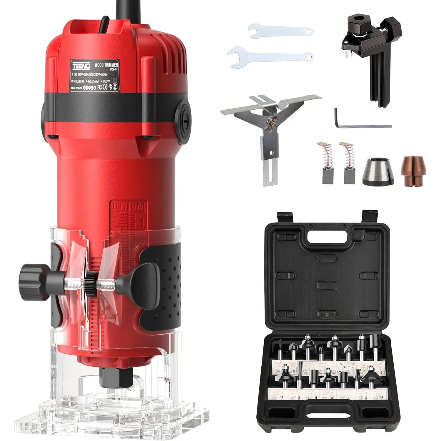 Wood, 6.5Amp 1.25HP Wood Routers for Woodworking, 800W Hand Wood Tool, 31000R/MIN Compact Edge Trimmer with 15 1/4" Bit Set
