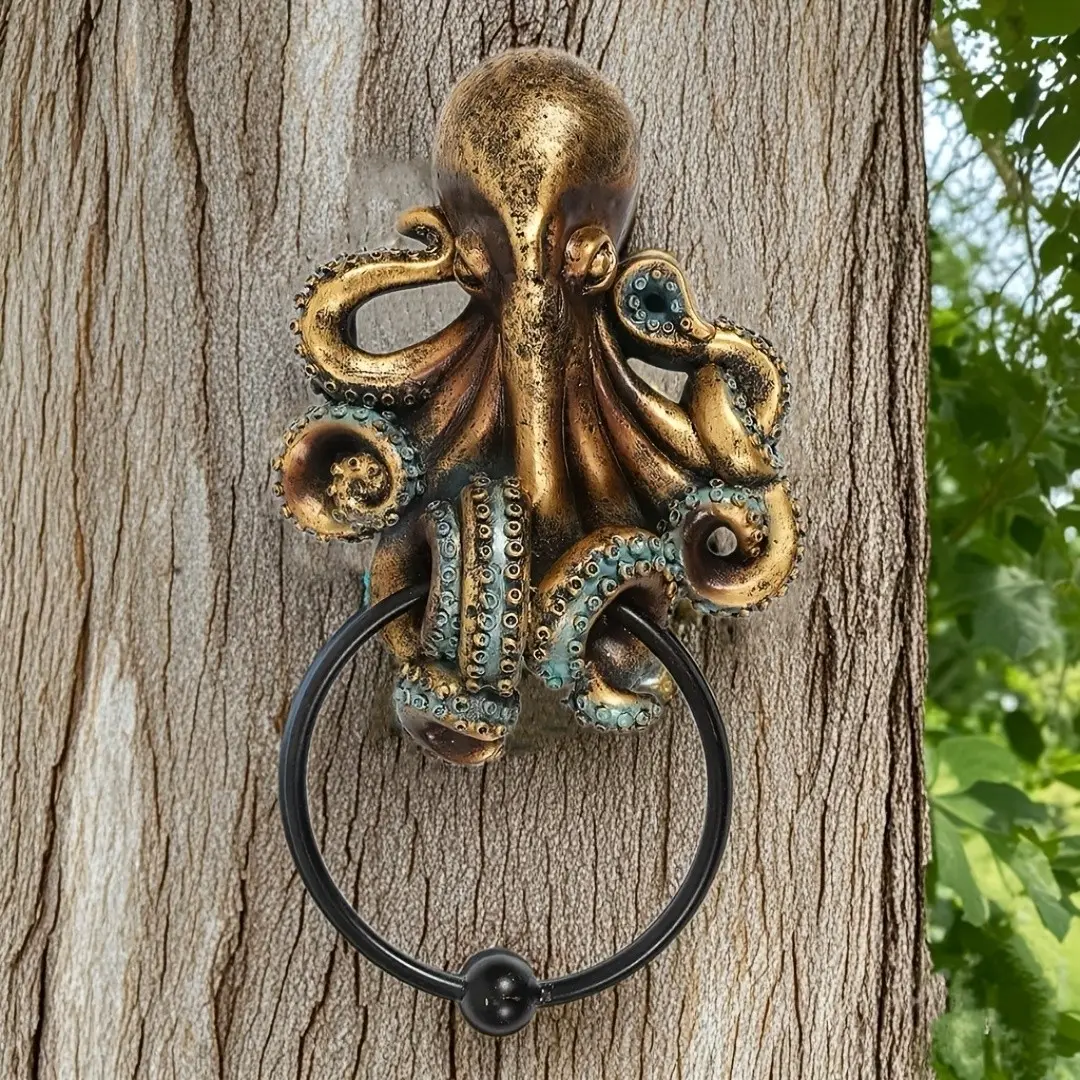 Vintage Bronze Octopus Door Knocker, Resin 3D Ocean Creature Door Handle, American Country Villa Entrance Decor, Creative Underwater Design