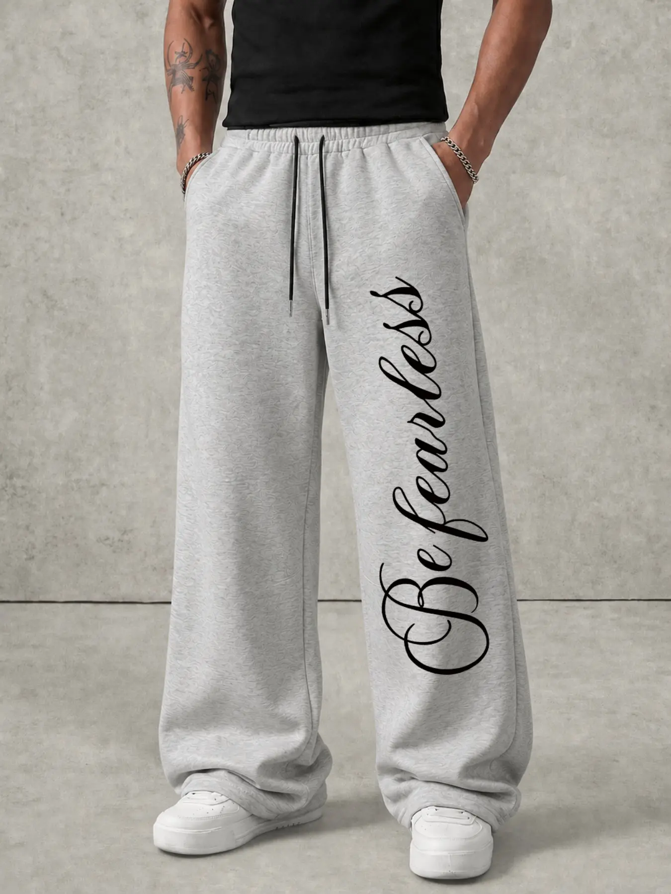 Y2K Statement Graphic Men Baggy Wide‑Leg Sweatpants Light Heather Grey Vertical Cursive Script Print Elastic Drawstring Waist Side Pockets Loose Fit Street Loungewear Bottoms For Gen Z Teen Young Men Vacation Casual Daily Hangout Outfit
