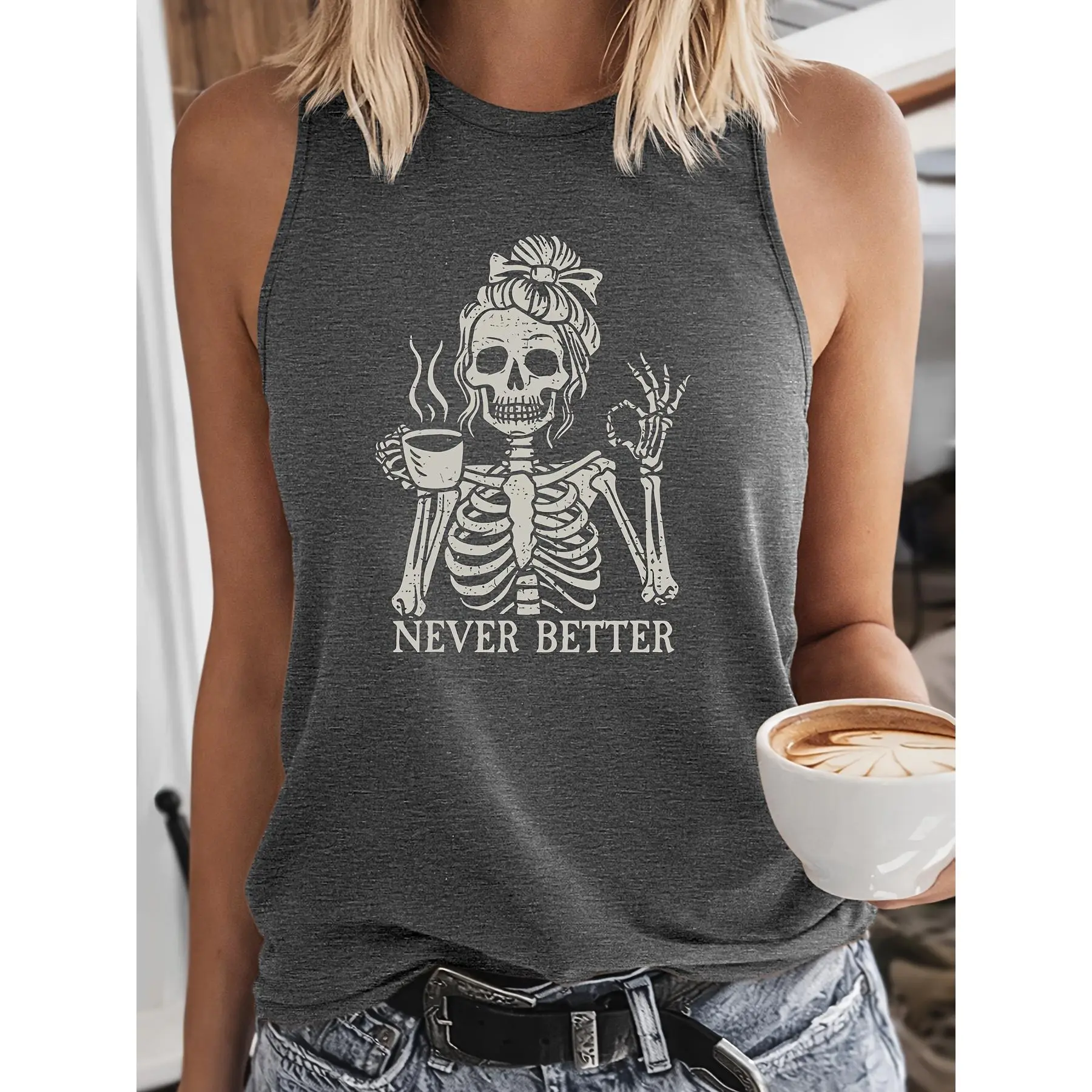 Women's Quirky Coffee Skull-Skeleton Print Sleeveless Tank Top, Halloween-Inspired "NEVER BETTER" Graphic, Loose Sporty Fabric, 2026 Summer Vacation Wear, Cargo Accent Ladies' Top, Leggings, Lady, Everyday, Streetwear, Outdoor, Cotton, Women's Clothes, Ta
