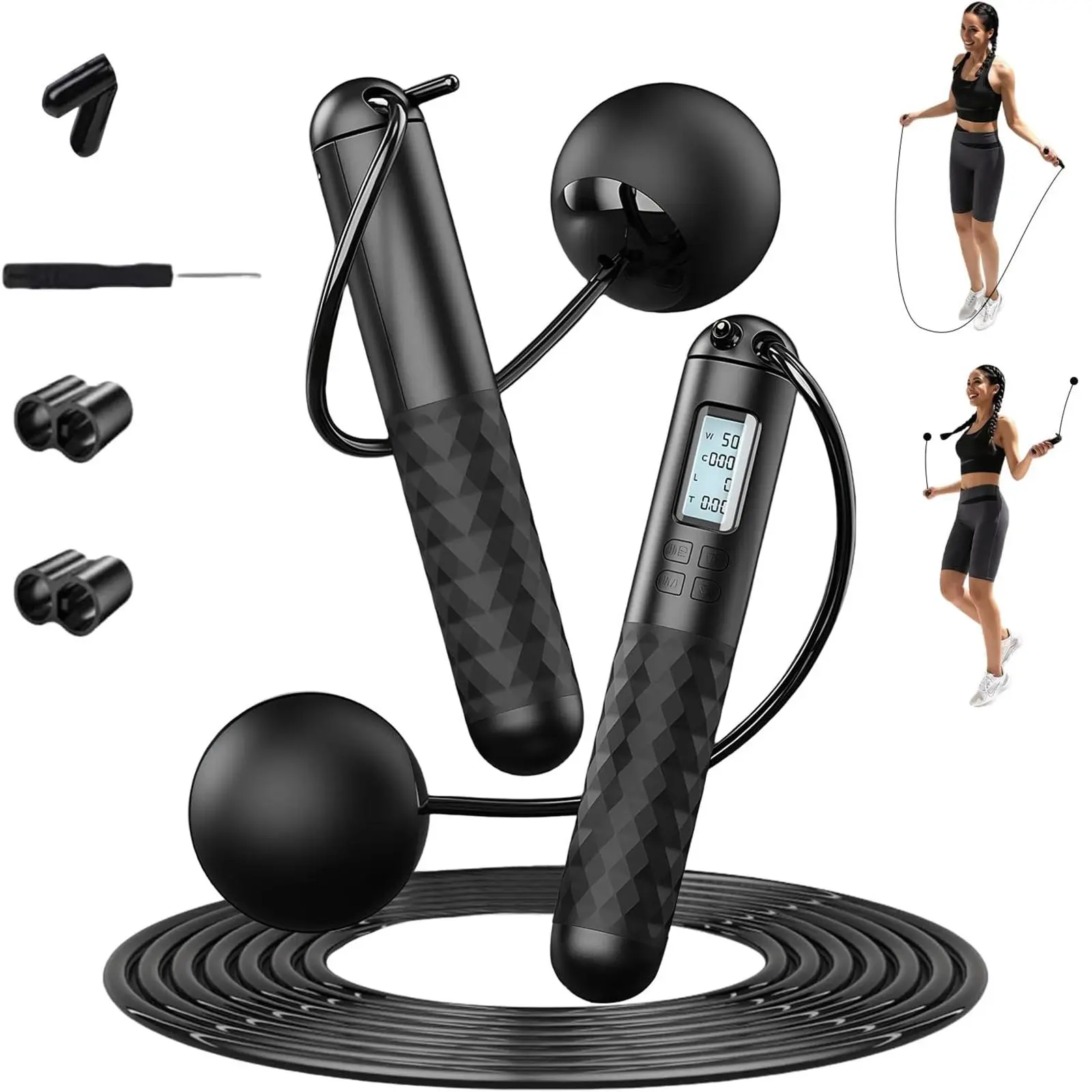 Digital Screen 2 in 1 Weighted Skipping Jump Rope, Cordless Indoor Ropeless Balls, Customizable Adjustable Long Outdoor Skipping Rope