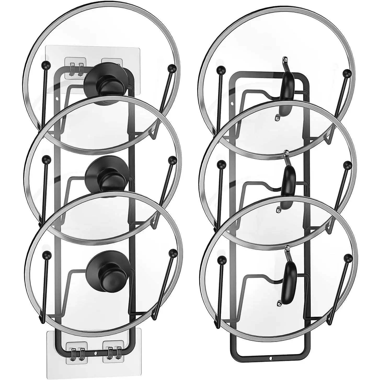 2 Pack Pot Lid Organizer for Cabinet, 2 in 1 Wall Mount & Adhesive Pot Lid Holder Rack for Kitchen Storage 6 Tier Pan Lid Organizer for Easy & Tidy Kitchen Organization